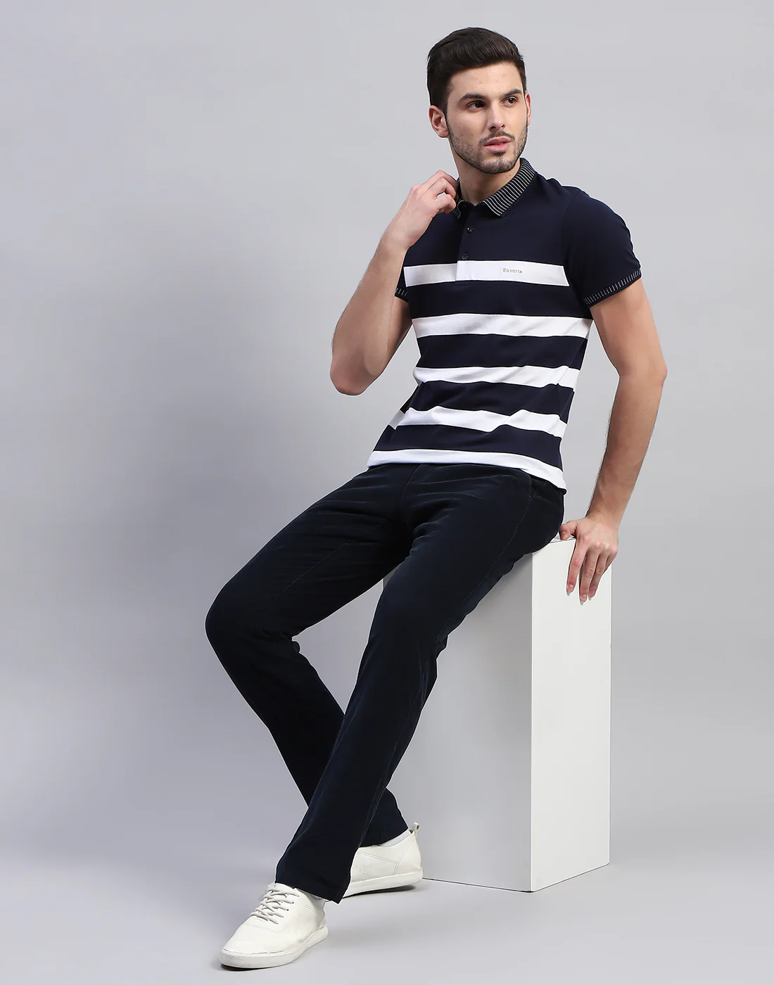 Men Navy Blue Stripe Polo Collar Half Sleeve T-Shirt - Image 2