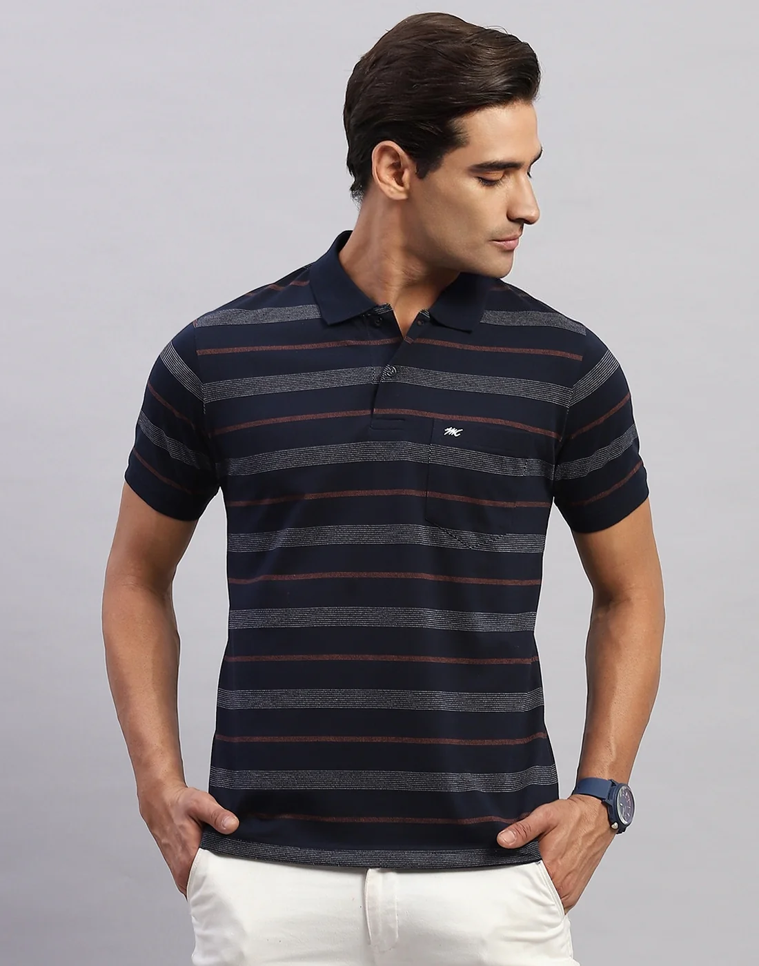 Men Navy Blue Stripe Polo Collar Half Sleeve T-Shirt - Image 2