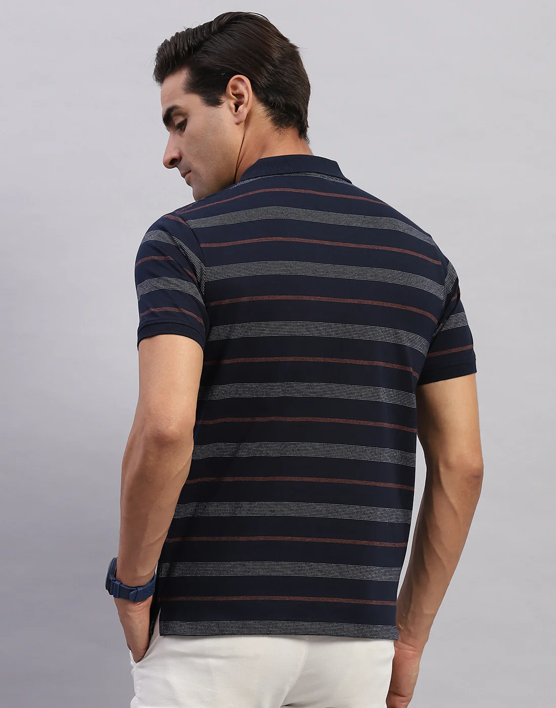 Men Navy Blue Stripe Polo Collar Half Sleeve T-Shirt - Image 5