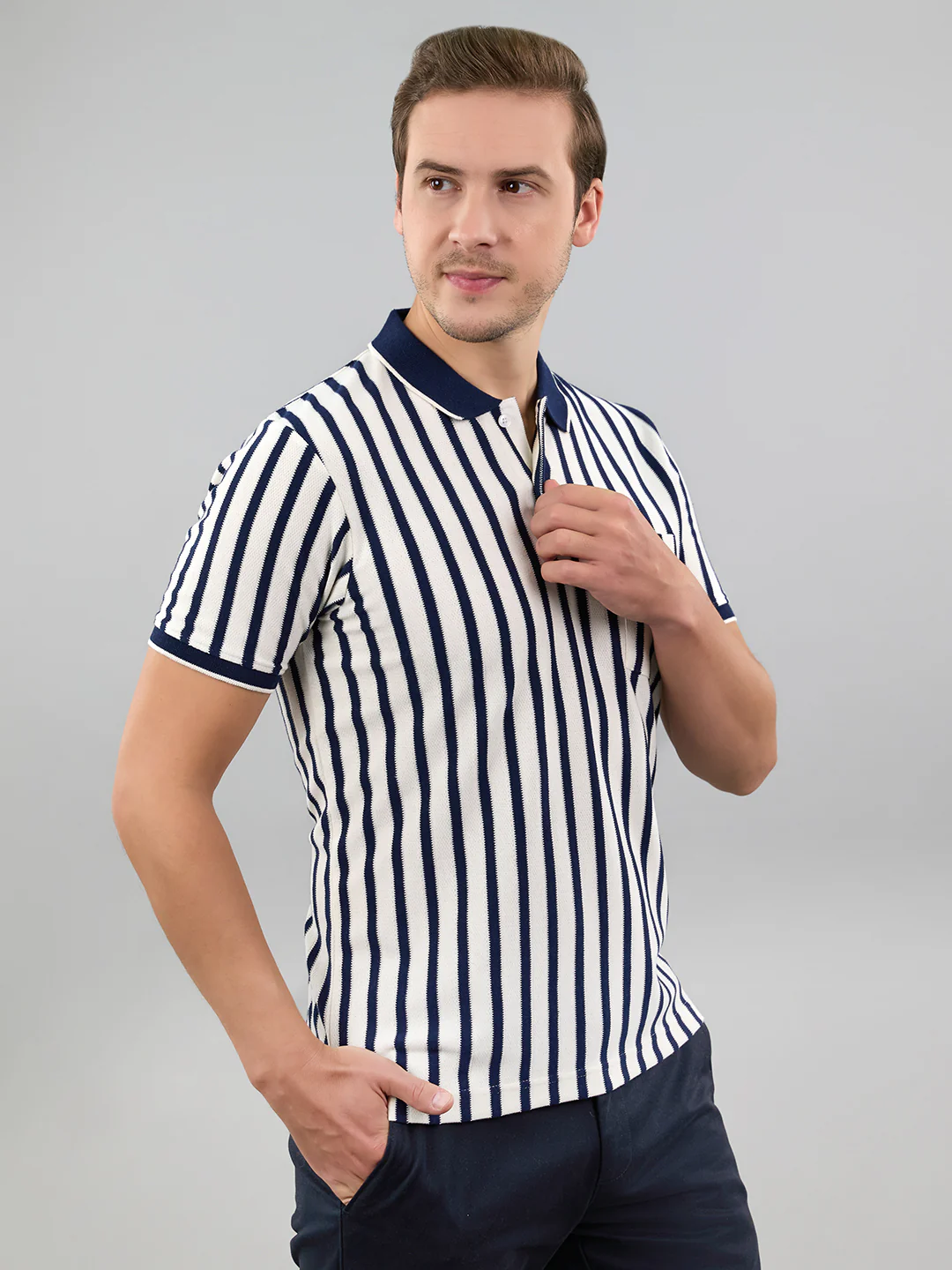 Men Navy Blue Stripe Polo Collar Half Sleeve T-Shirt - Image 3