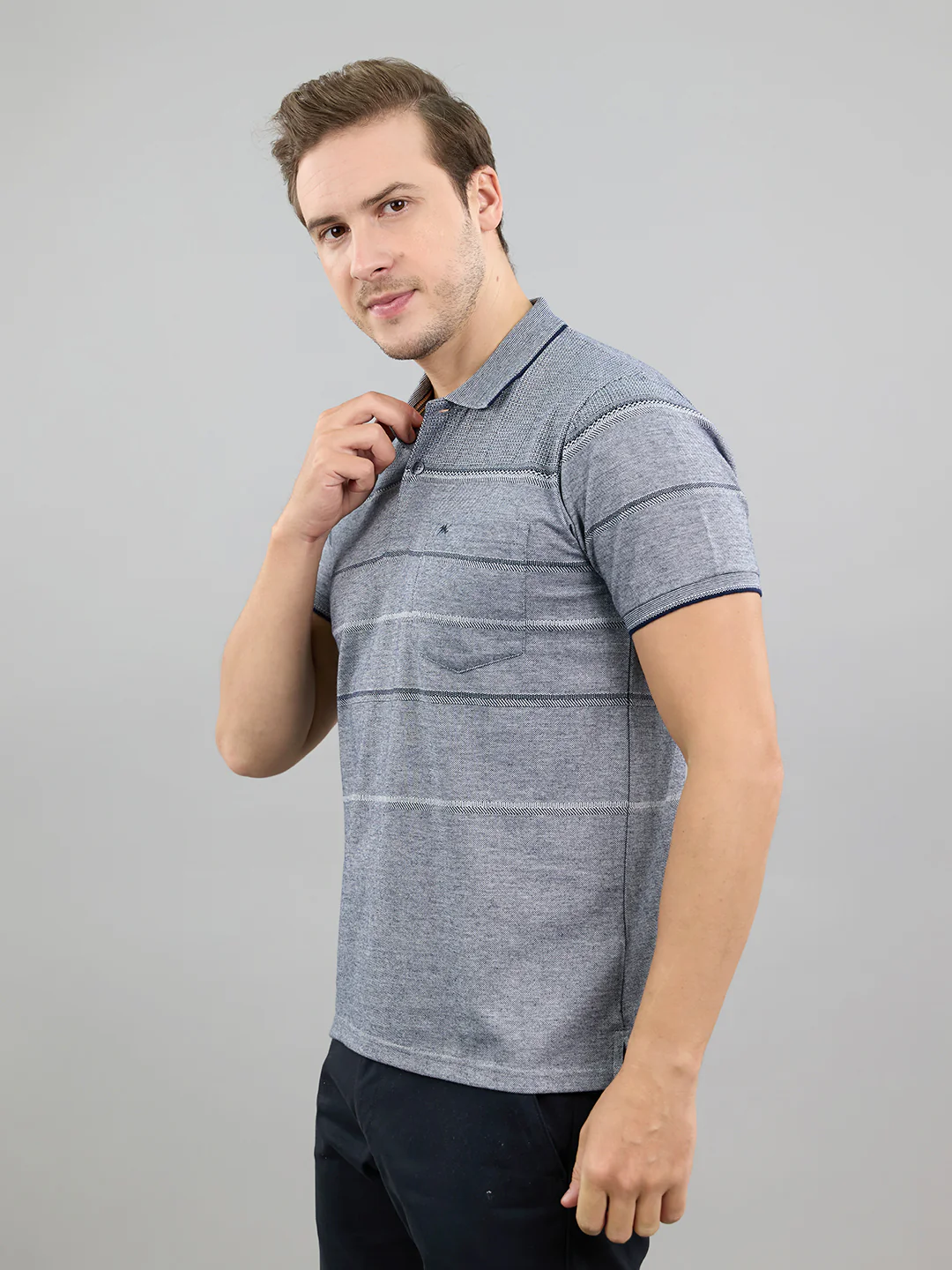 Men Navy Blue Stripe Polo Collar Half Sleeve T-Shirt - Image 2