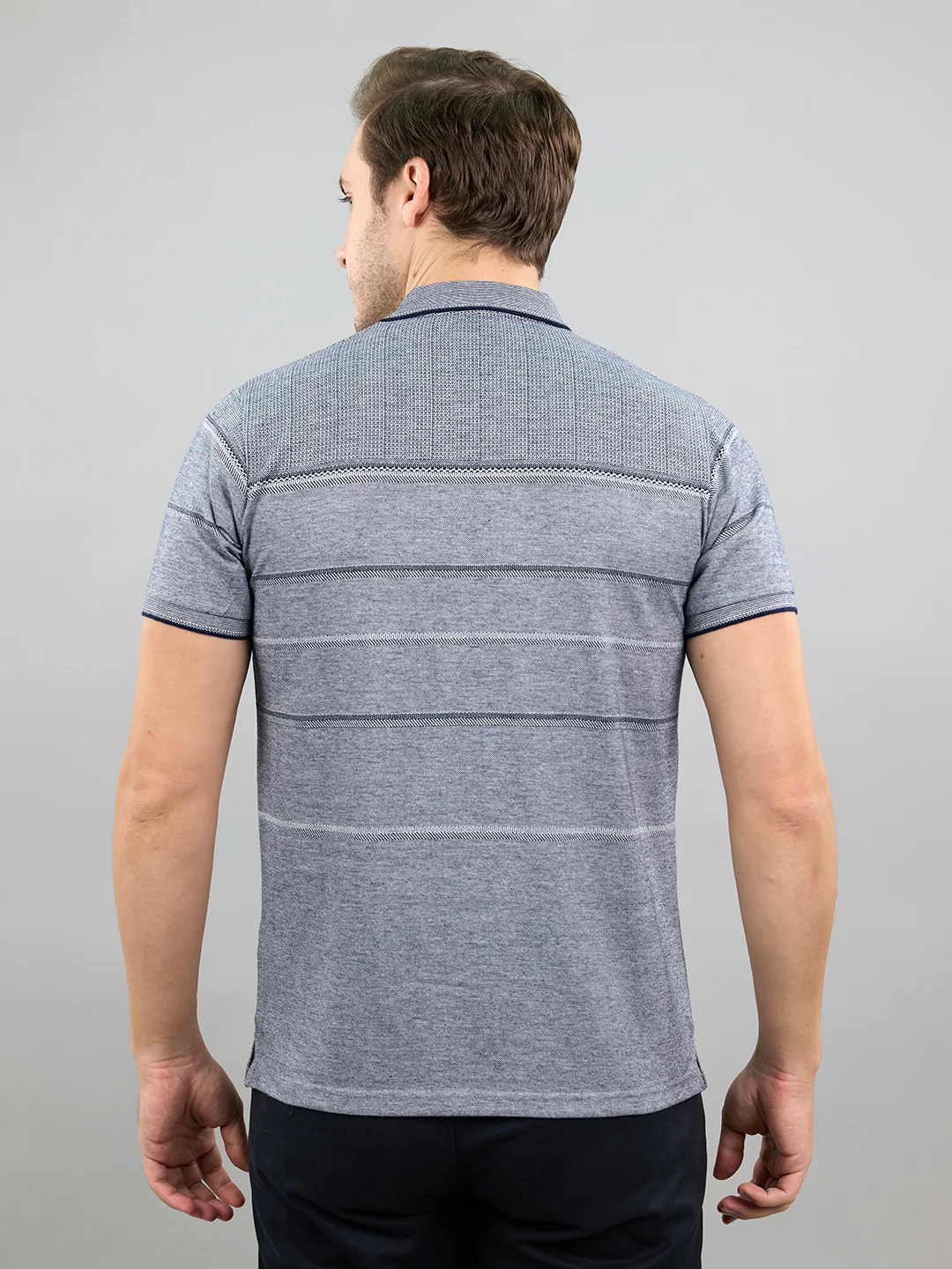 Men Navy Blue Stripe Polo Collar Half Sleeve T-Shirt - Image 4
