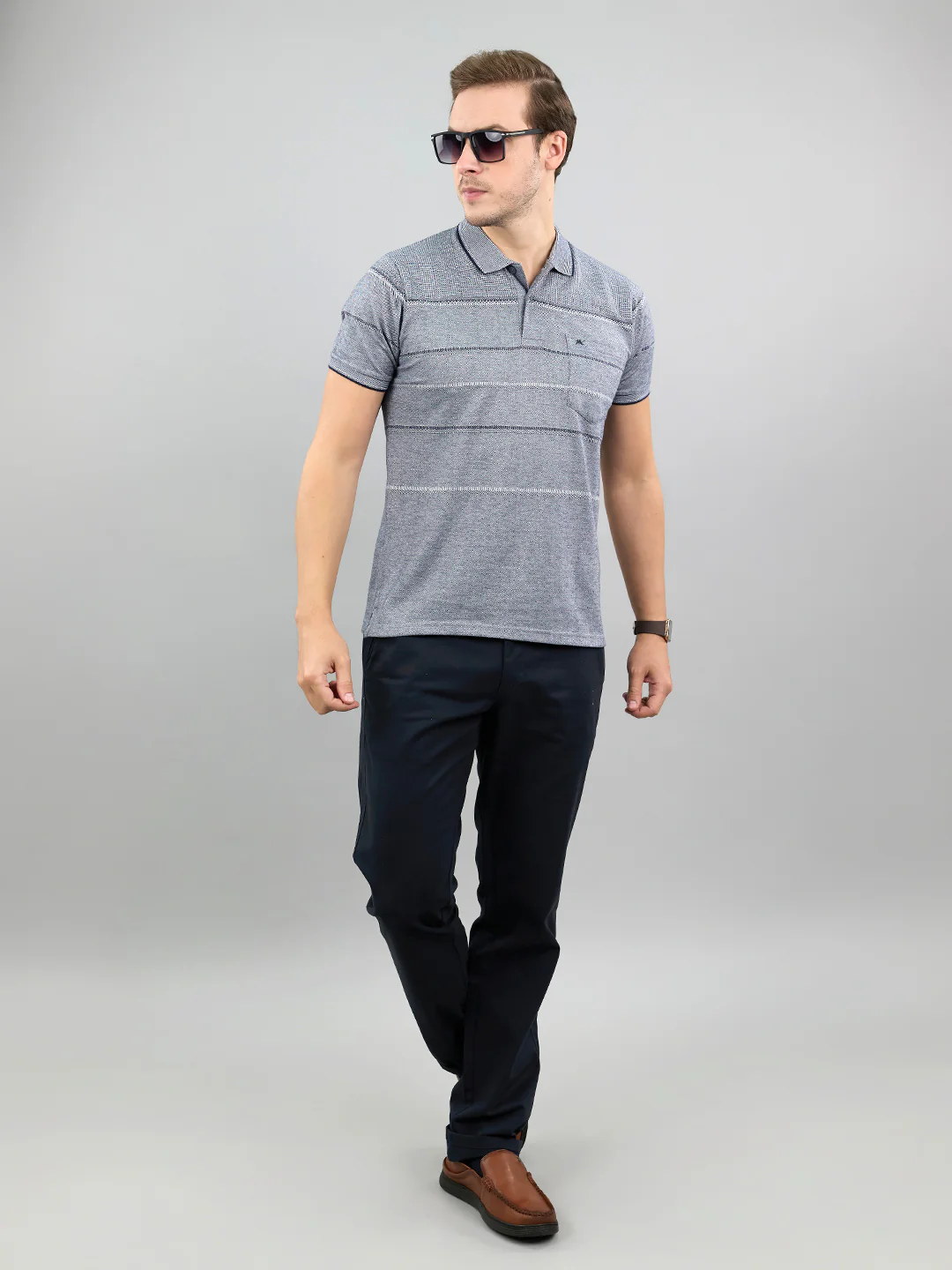 Men Navy Blue Stripe Polo Collar Half Sleeve T-Shirt - Image 6