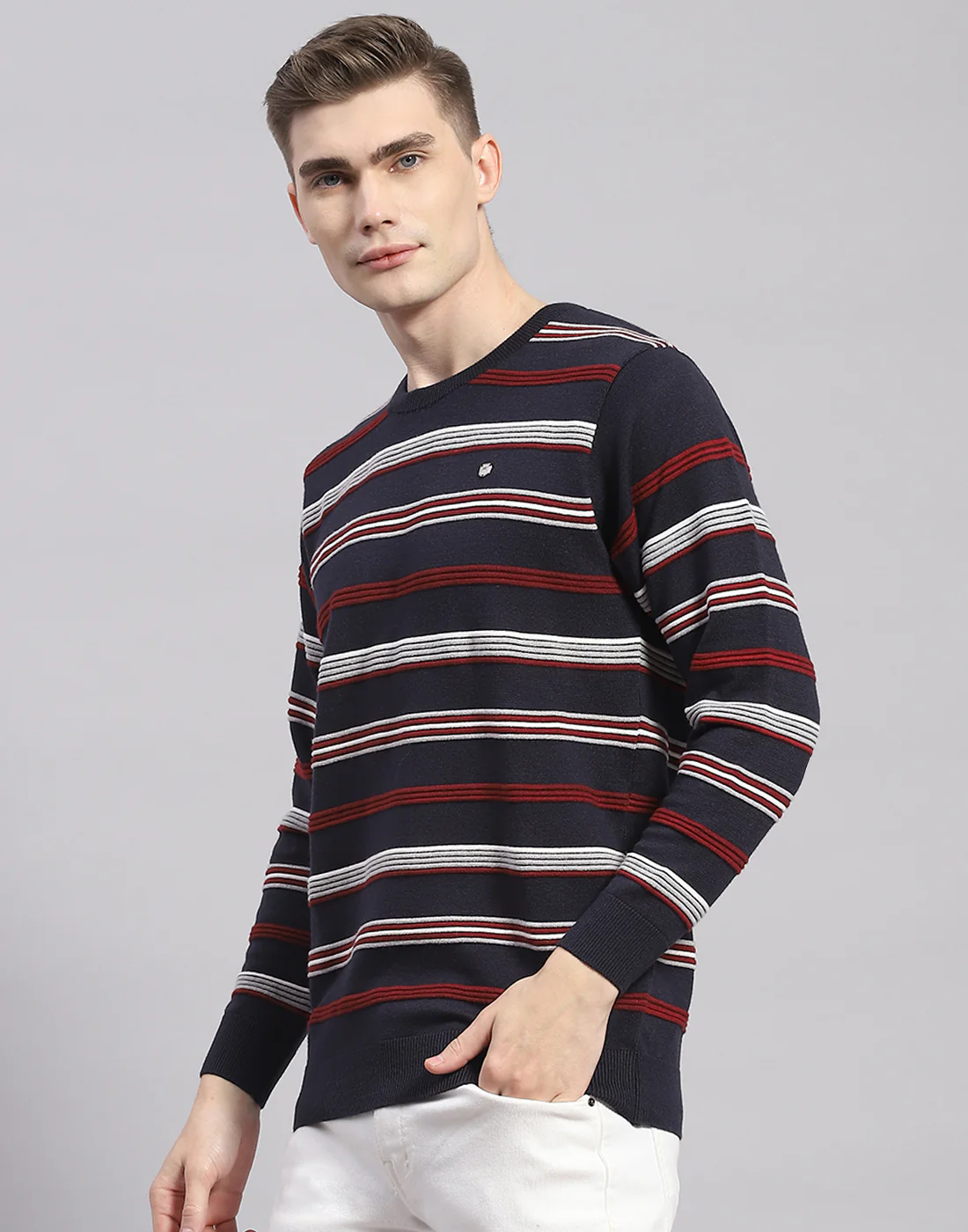 Men Navy Blue Stripe Round Neck Full Sleeve Pullover - Image 3