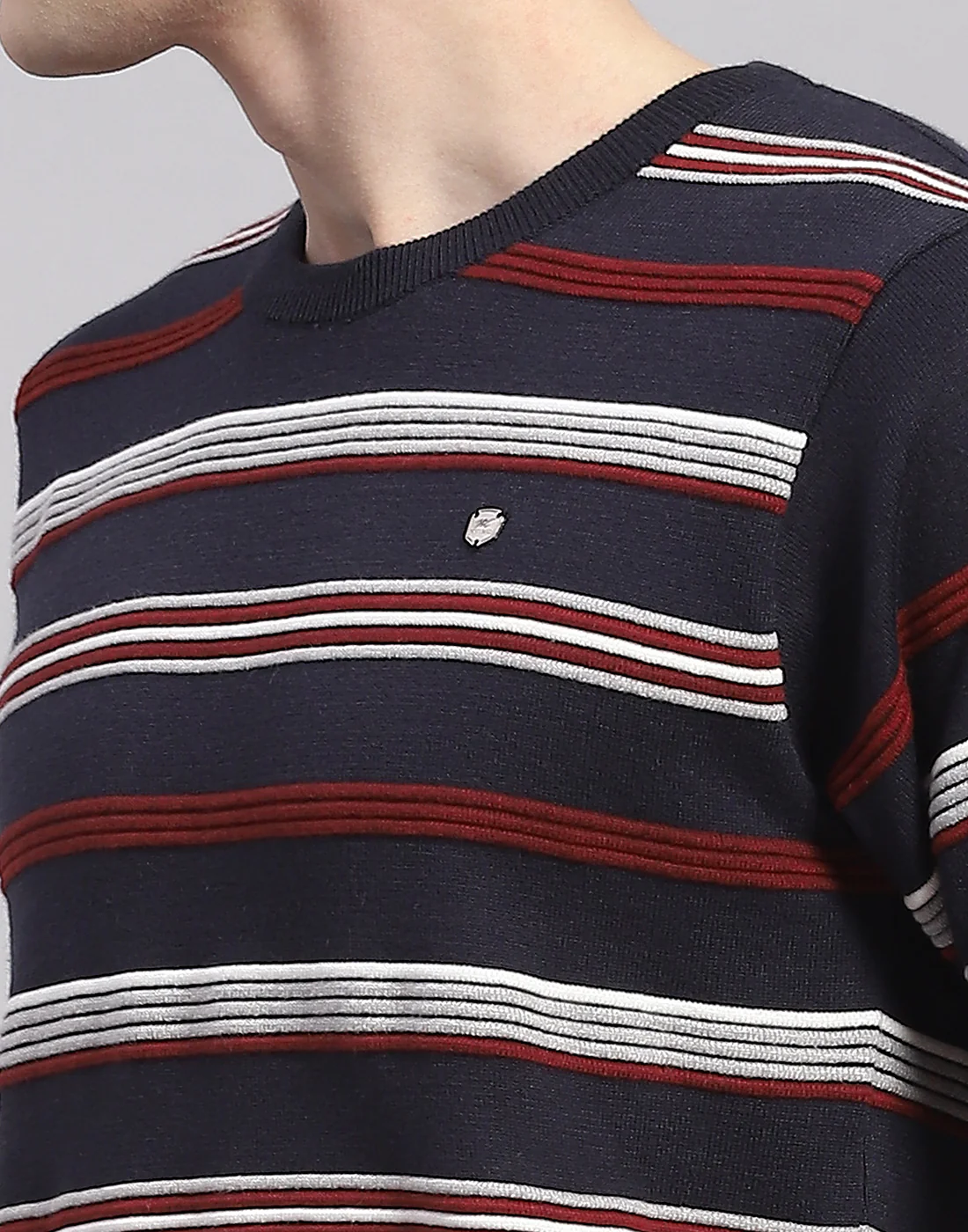 Men Navy Blue Stripe Round Neck Full Sleeve Pullover - Image 6