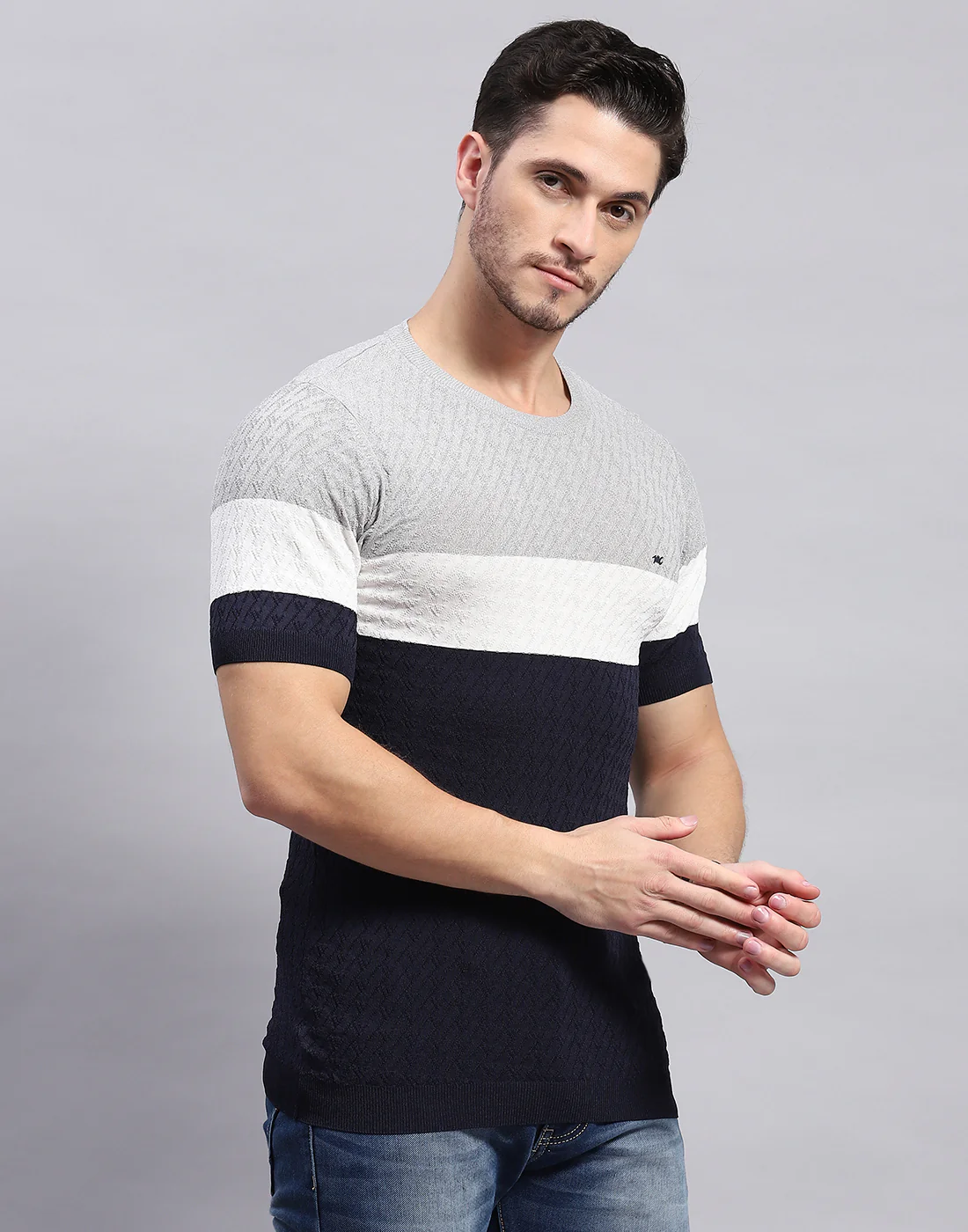 Men Navy Blue Stripe Round Neck Half Sleeve T-Shirt - Image 4