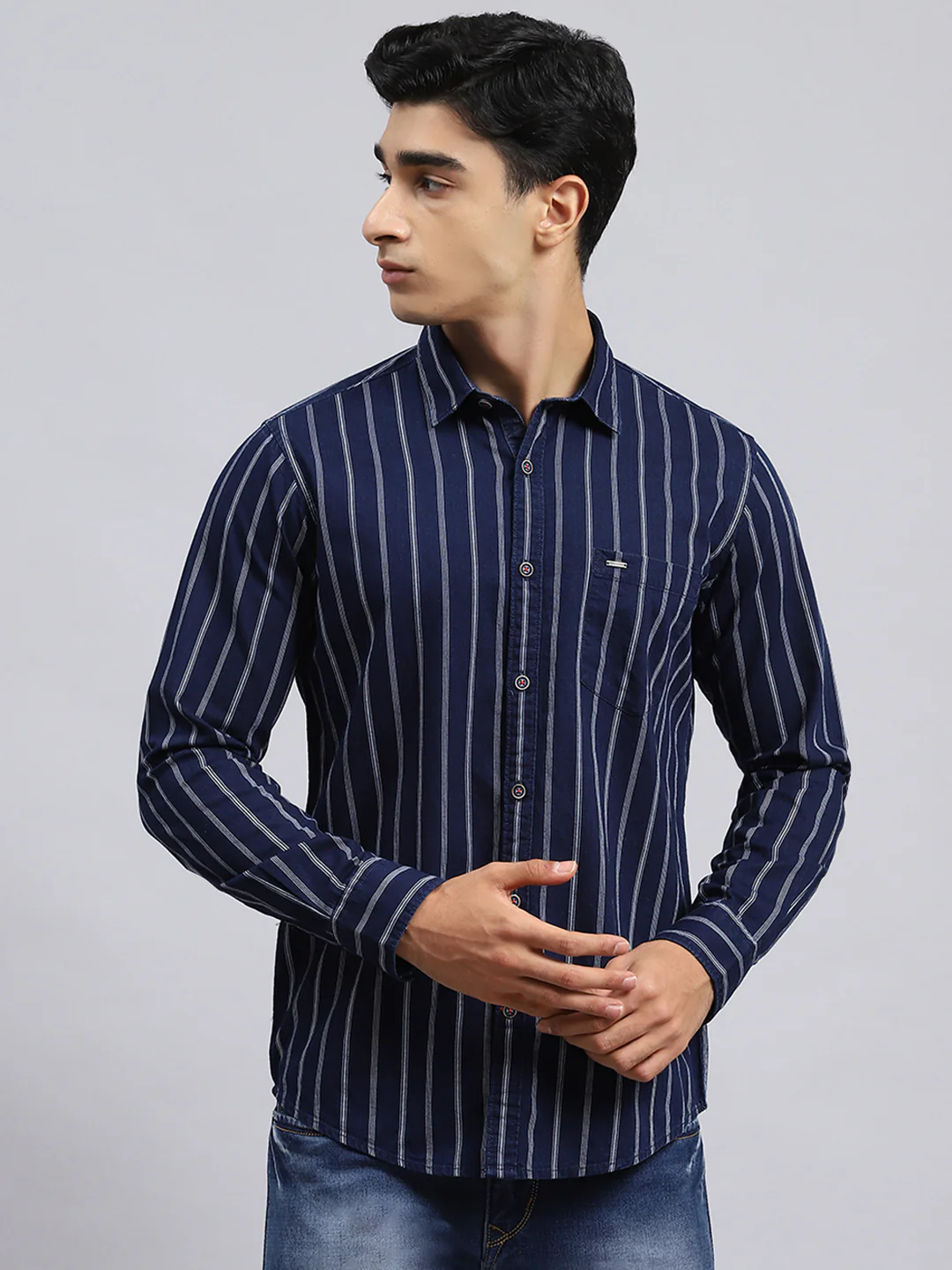 Men Navy Blue Stripe Shirt - Image 2