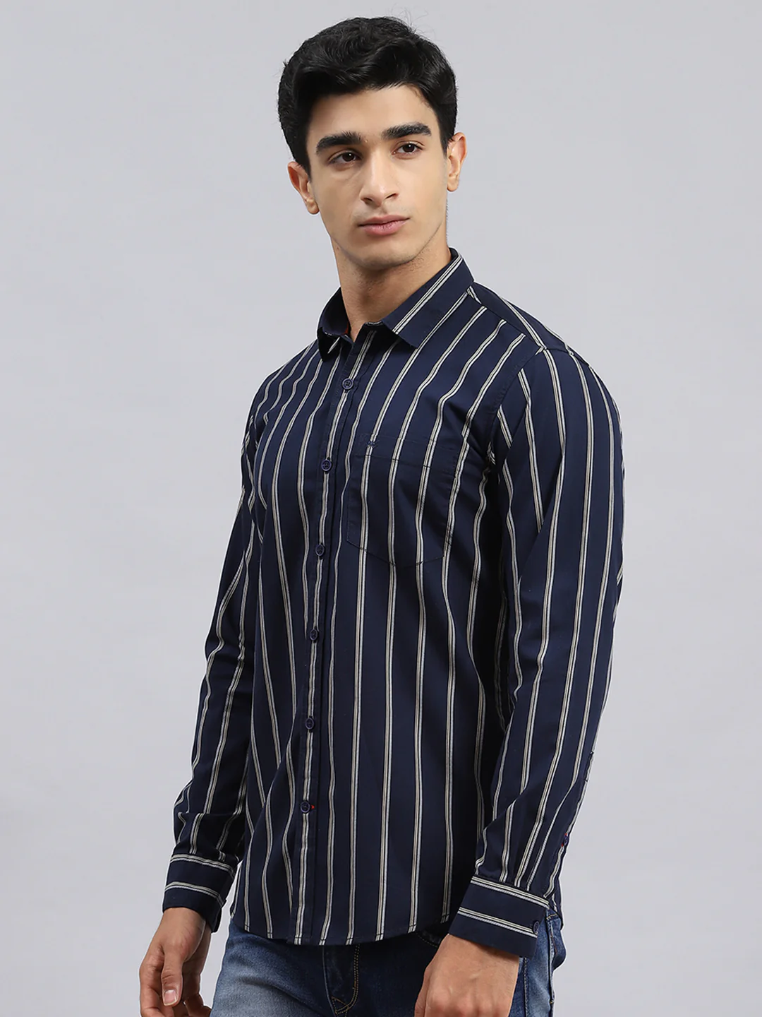 Men Navy Blue Stripe Shirt - Image 4