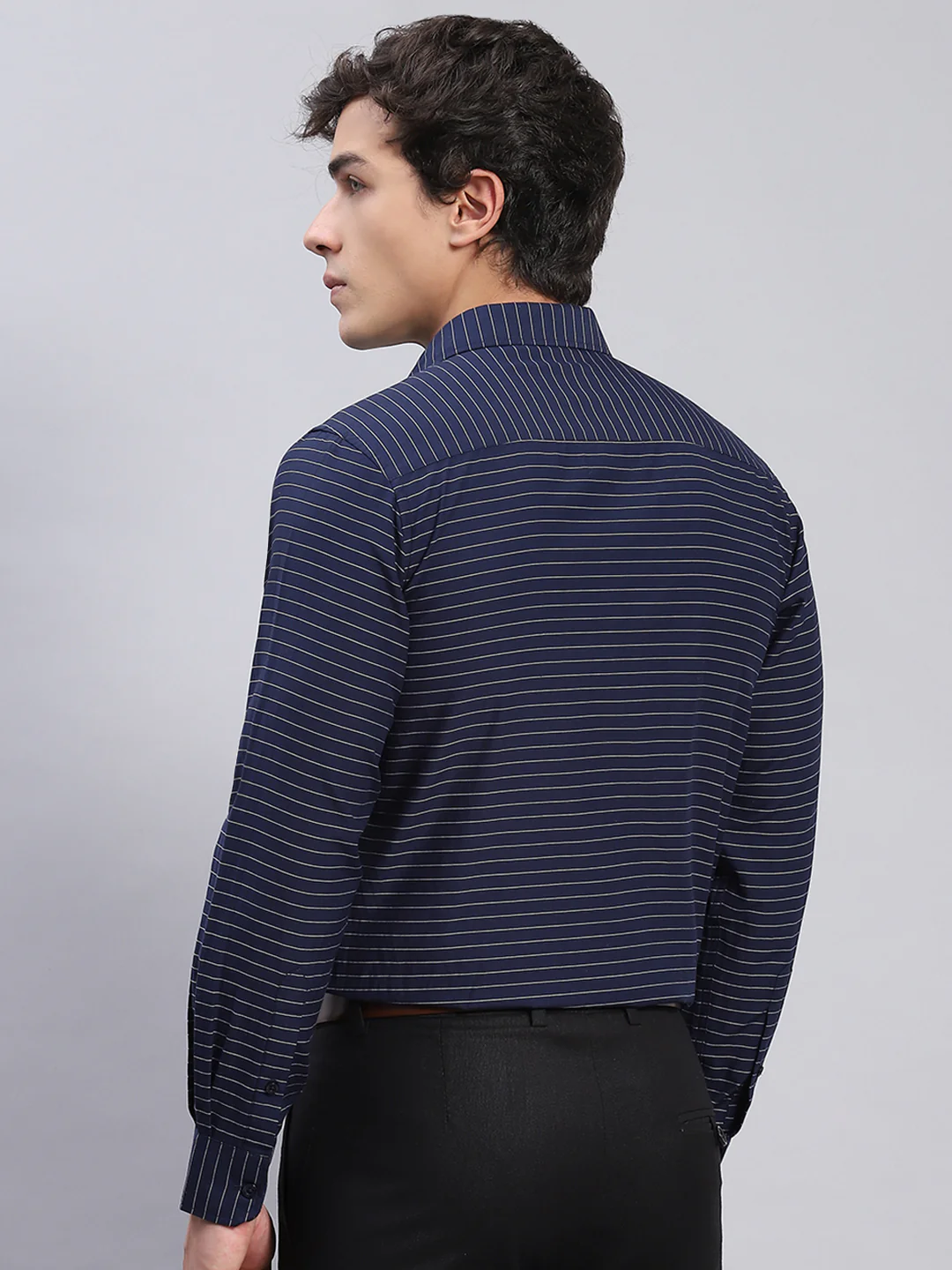 Men Navy Blue Stripe Spread Collar Full Sleeve Shirts - Image 5