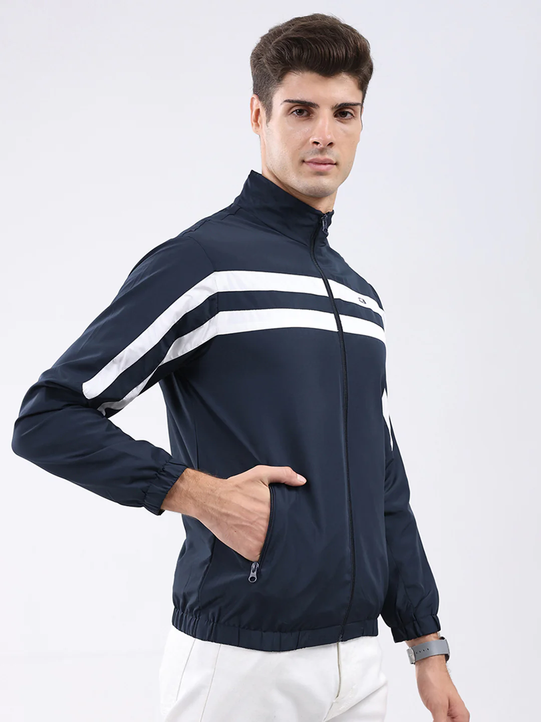Men Navy Blue Stripe Stand Collar Full Sleeve Jacket - Image 4