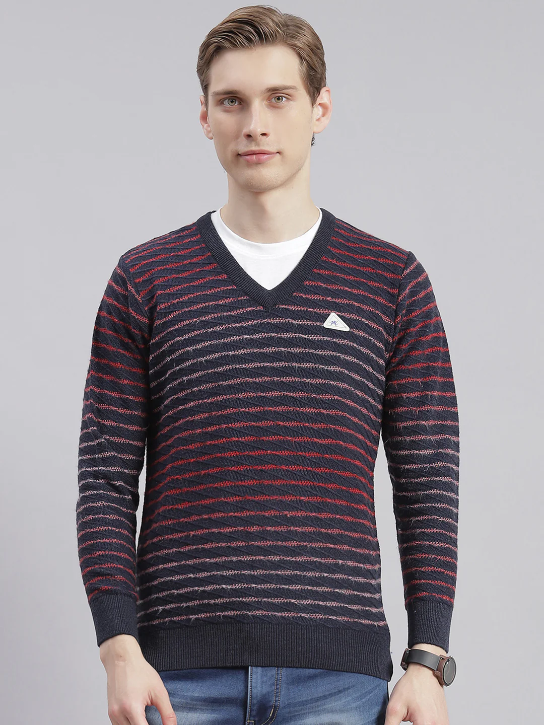 Men Navy Blue Stripe V Neck Full Sleeve Sweaters/Pullovers - Image 2