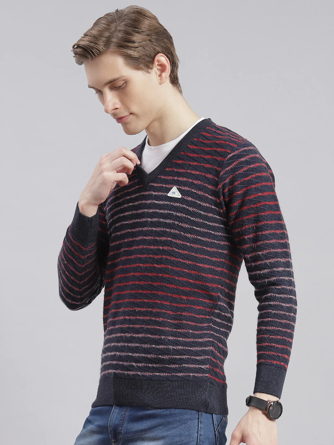 Men Navy Blue Stripe V Neck Full Sleeve Sweaters/Pullovers - Image 3