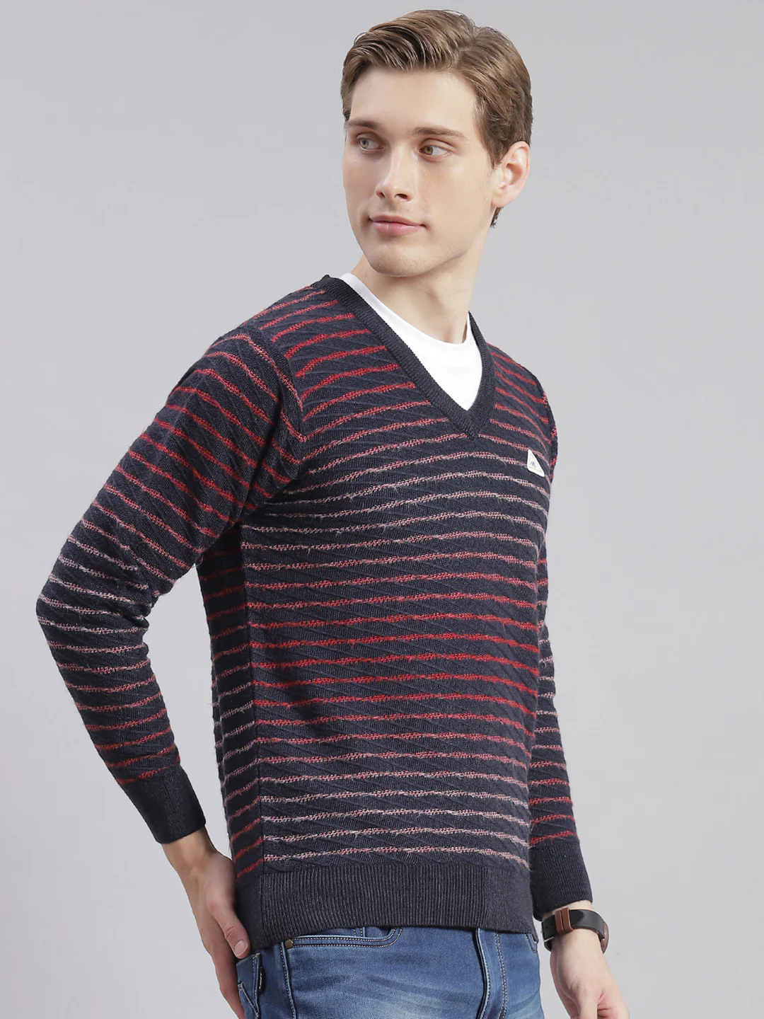 Men Navy Blue Stripe V Neck Full Sleeve Sweaters/Pullovers - Image 6