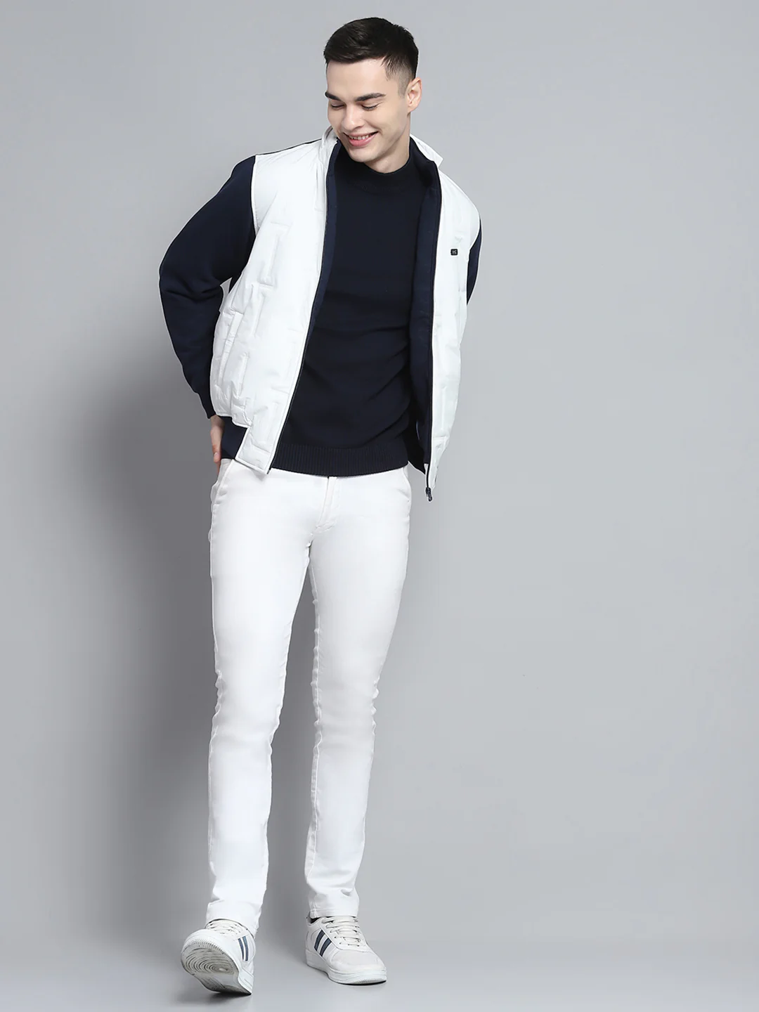 Men Navy Blue & White Solid Detachable Hood Full Sleeve Sweatshirt - Image 2