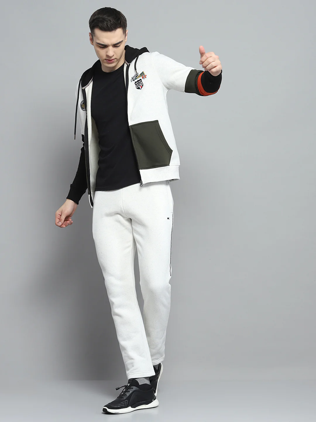 Men Off White & Black Printed Hooded Full Sleeve Winter Tracksuit - Image 2