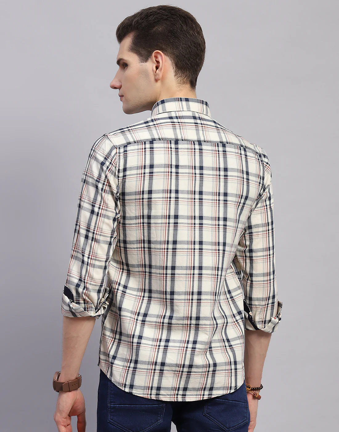 Men Off White Check Collar Full Sleeve Shirt - Image 5