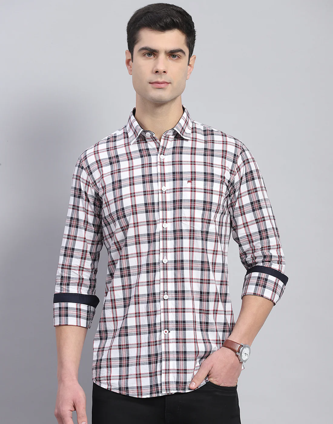 Men Off White Check Collar Full Sleeve Shirt - Image 3