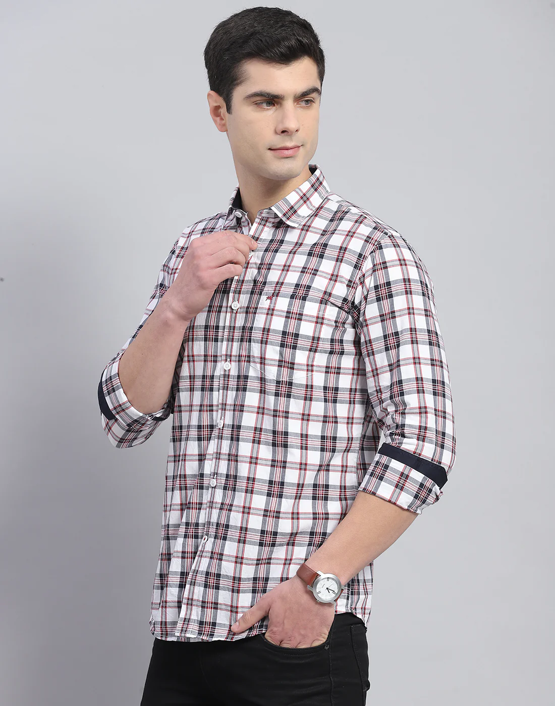 Men Off White Check Collar Full Sleeve Shirt - Image 4