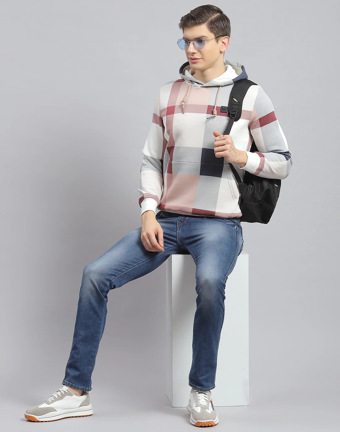 Men Off White Check Hooded Full Sleeve Sweatshirt - Image 2