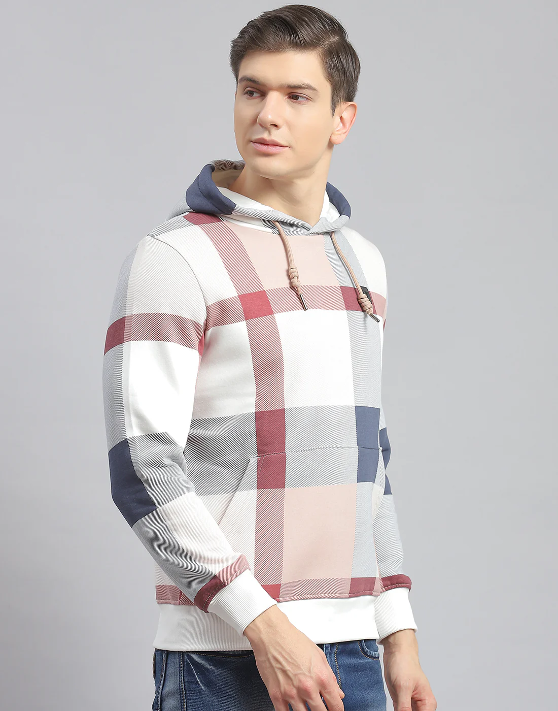Men Off White Check Hooded Full Sleeve Sweatshirt - Image 4