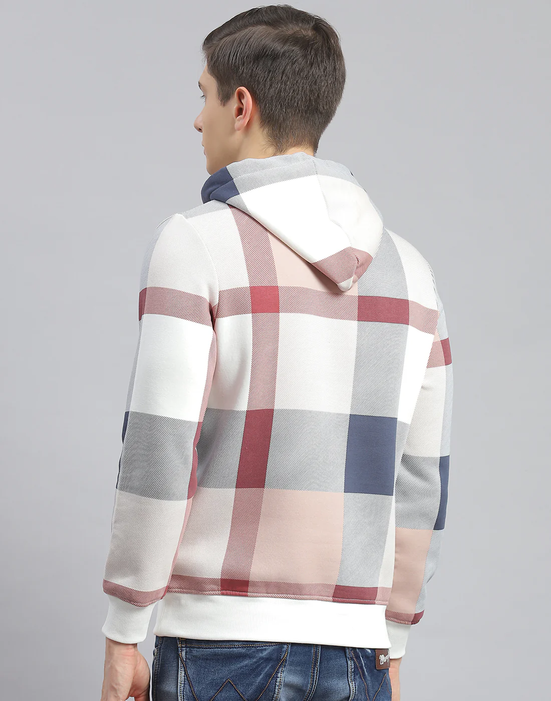 Men Off White Check Hooded Full Sleeve Sweatshirt - Image 5