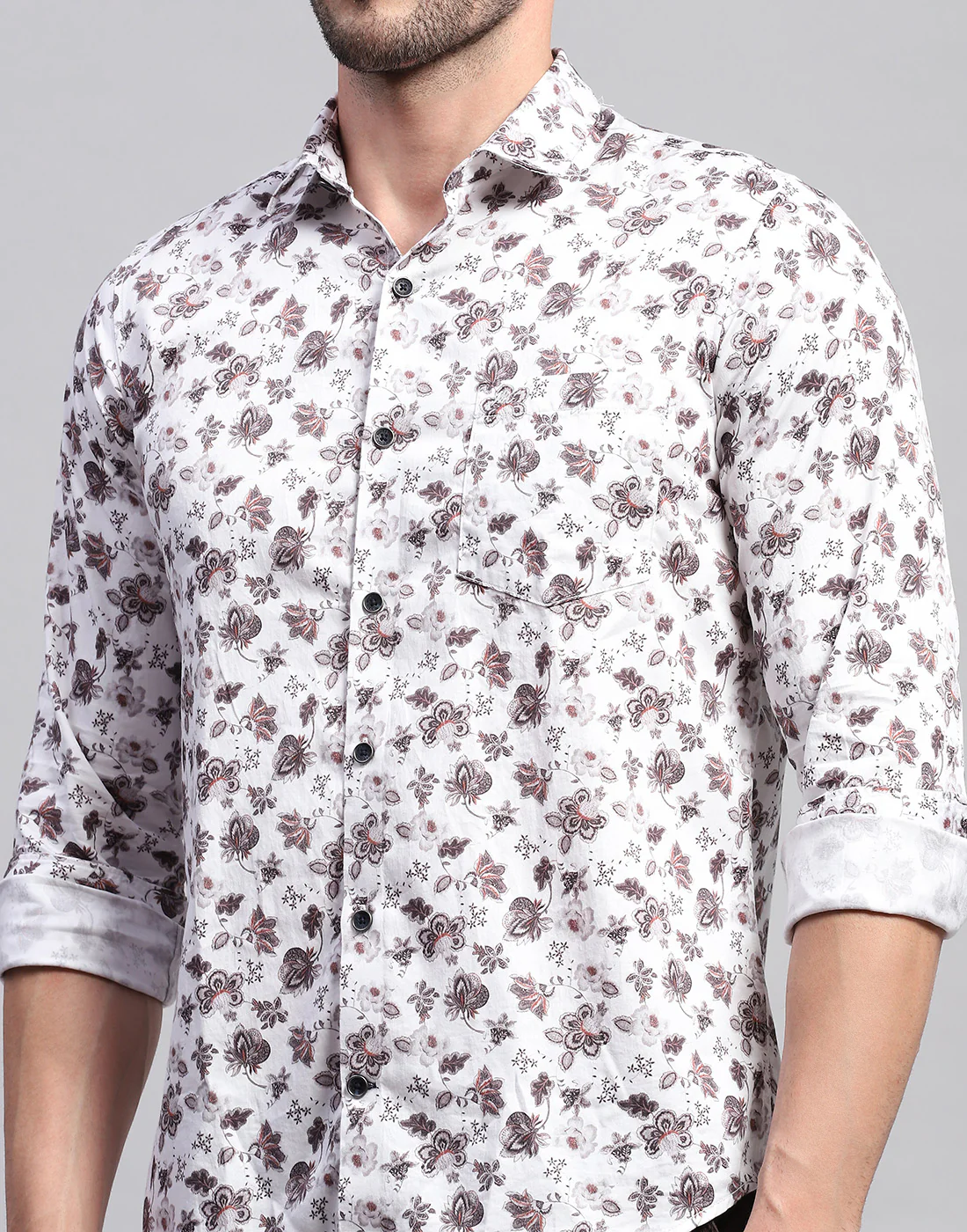 Men Off White Floral Print Collar Neck Full Sleeve Shirt - Image 6