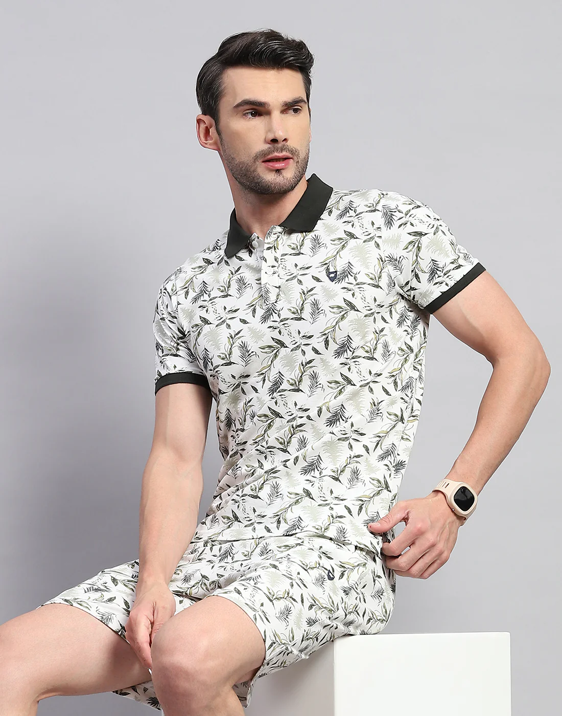 Men Off White Floral Print Polo Collar Half Sleeve Bermuda Set - Image 6
