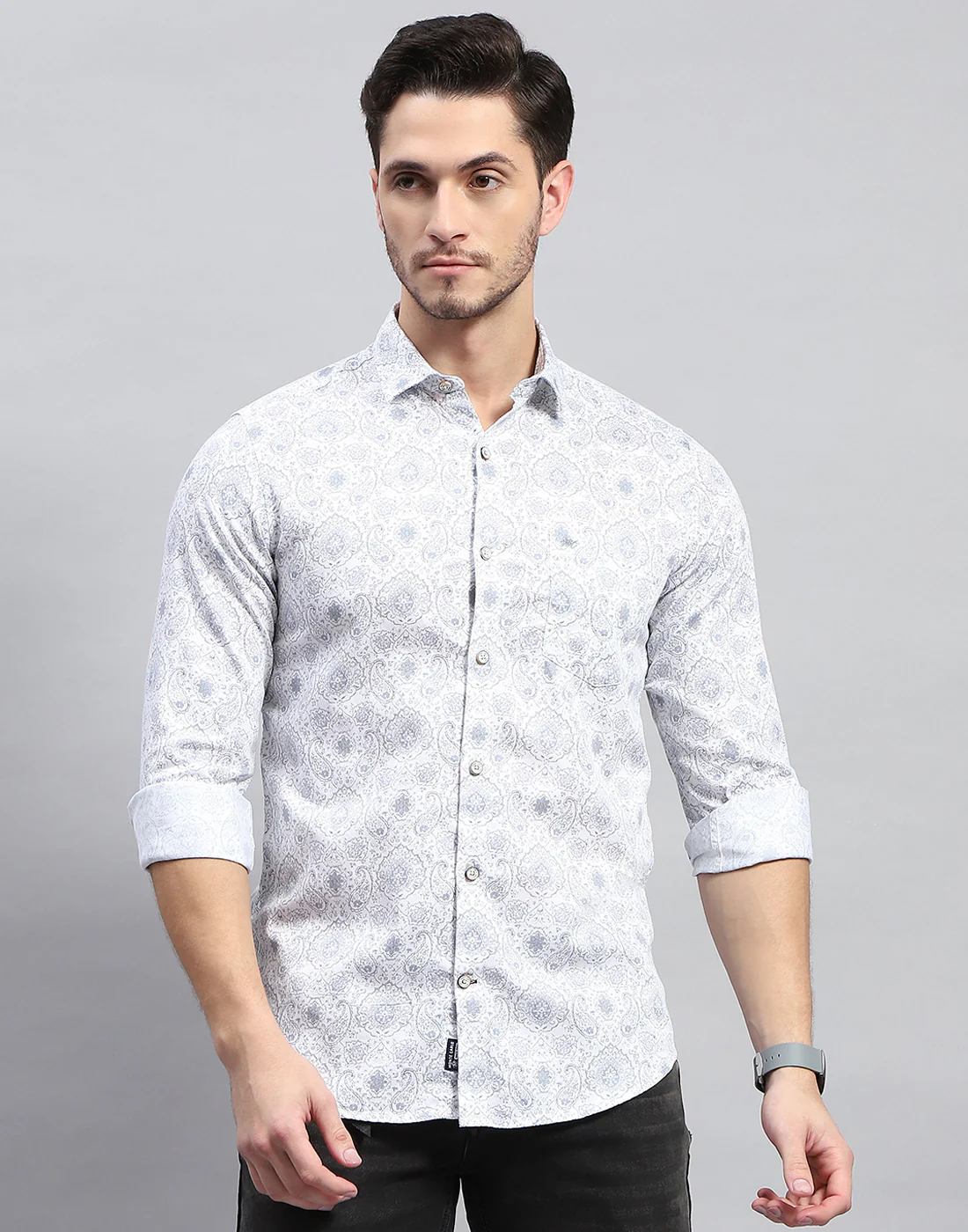 Men Off White Printed Collar Full Sleeve Shirt - Image 3