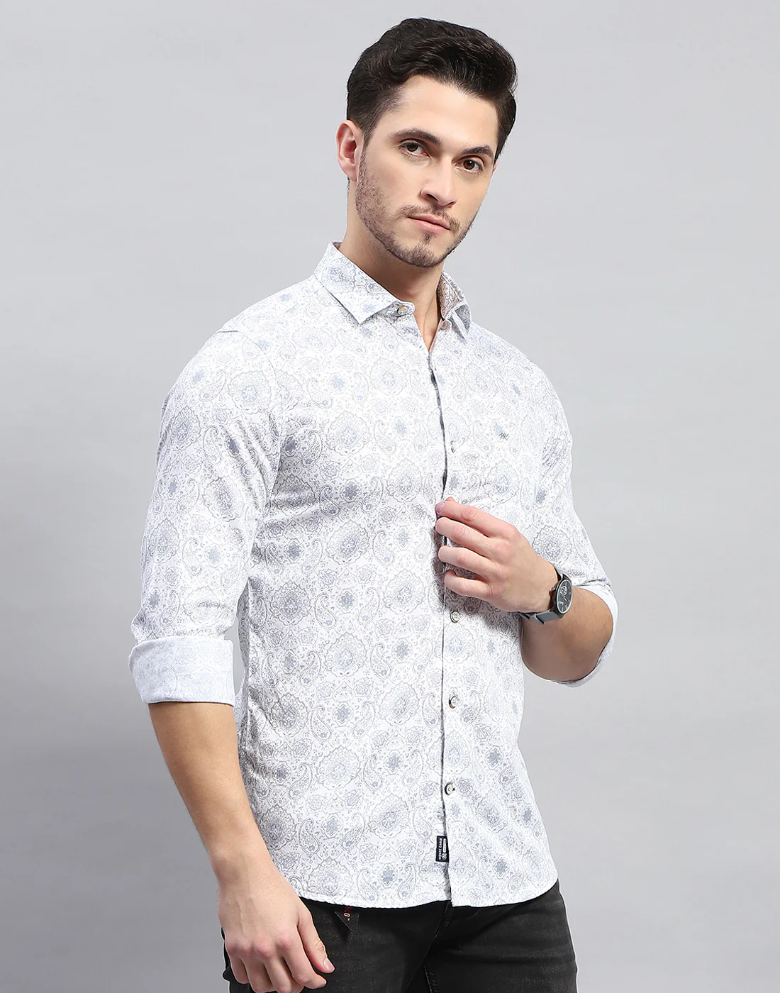 Men Off White Printed Collar Full Sleeve Shirt - Image 5