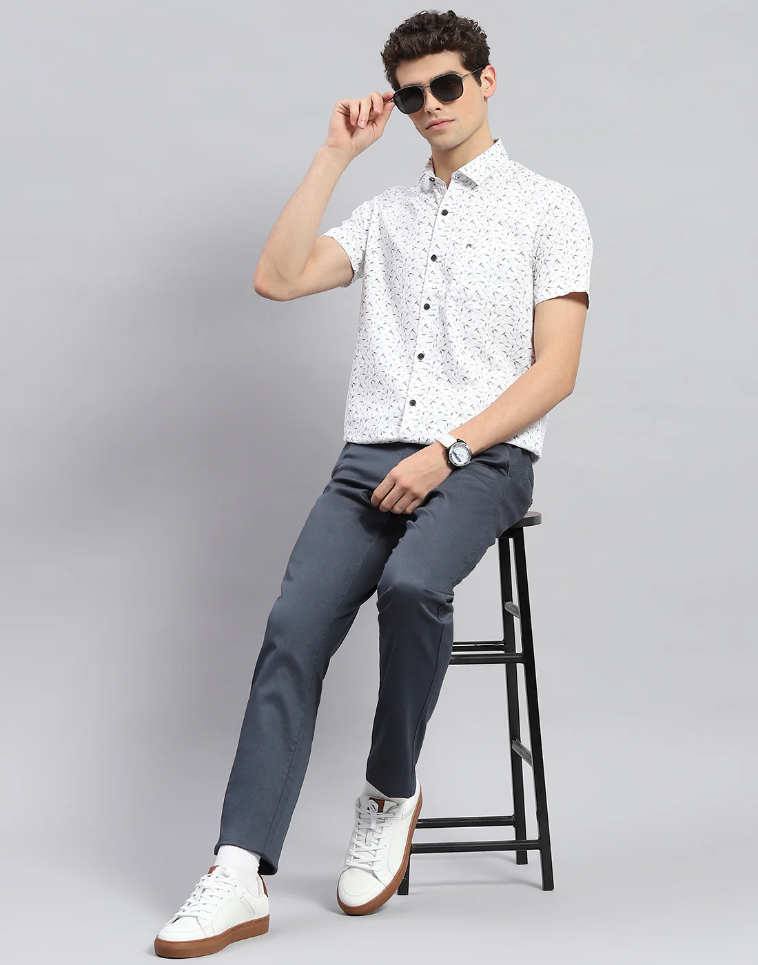 Men Off White Printed Collar Neck Half Sleeve Shirt - Image 2
