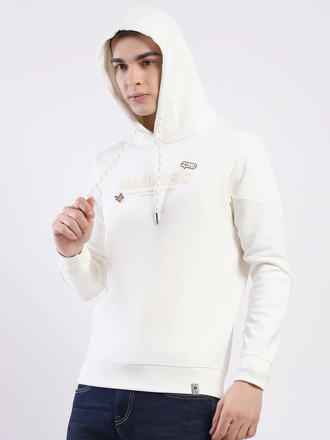 Men Off White Printed Hooded Full Sleeve Sweatshirt - Image 6