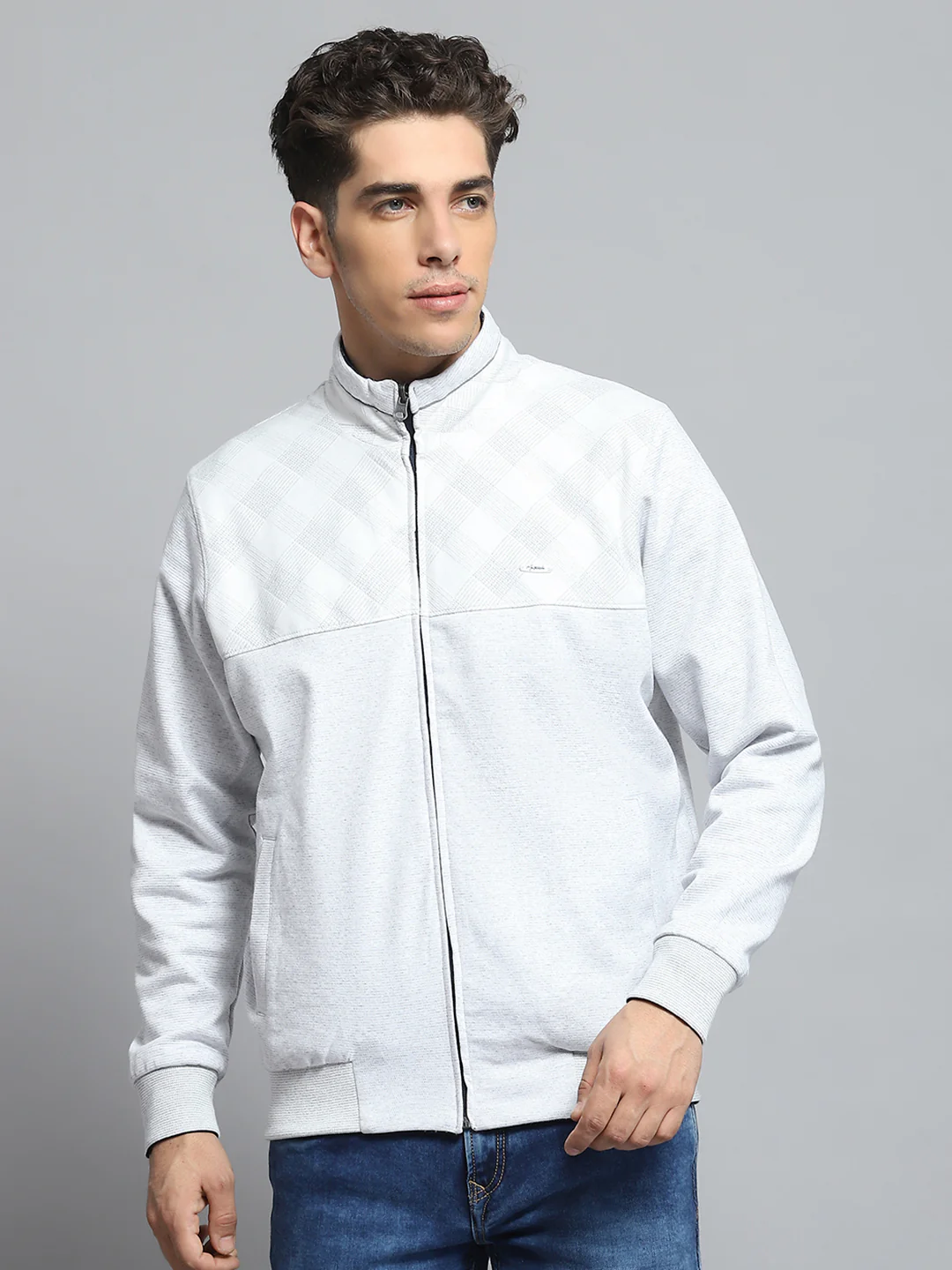 Men Off White Printed Mock Neck Full Sleeve Knitted Reversible Jacket - Image 6