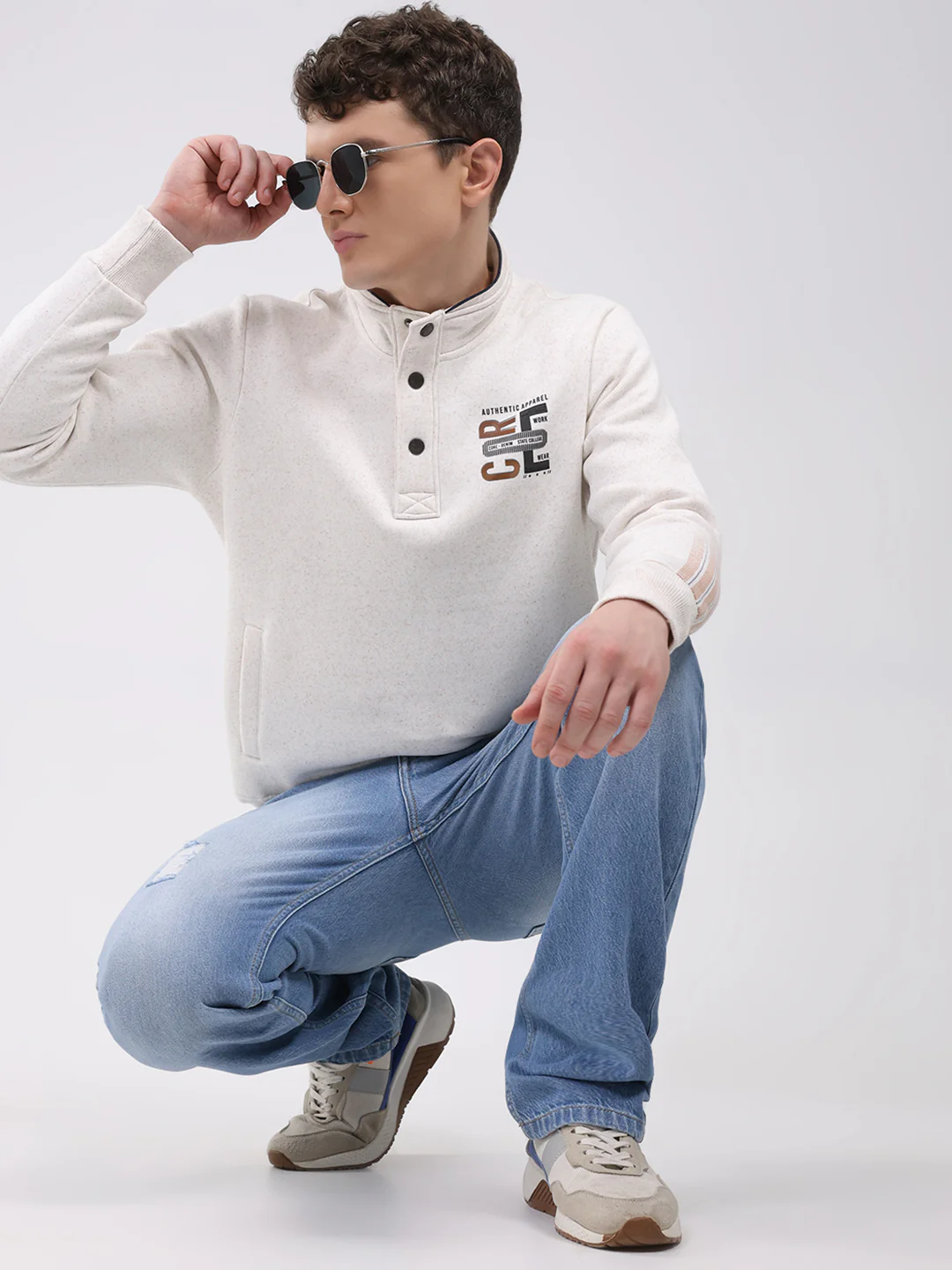Men Off White Printed Mock Neck Full Sleeve Sweatshirt - Image 2