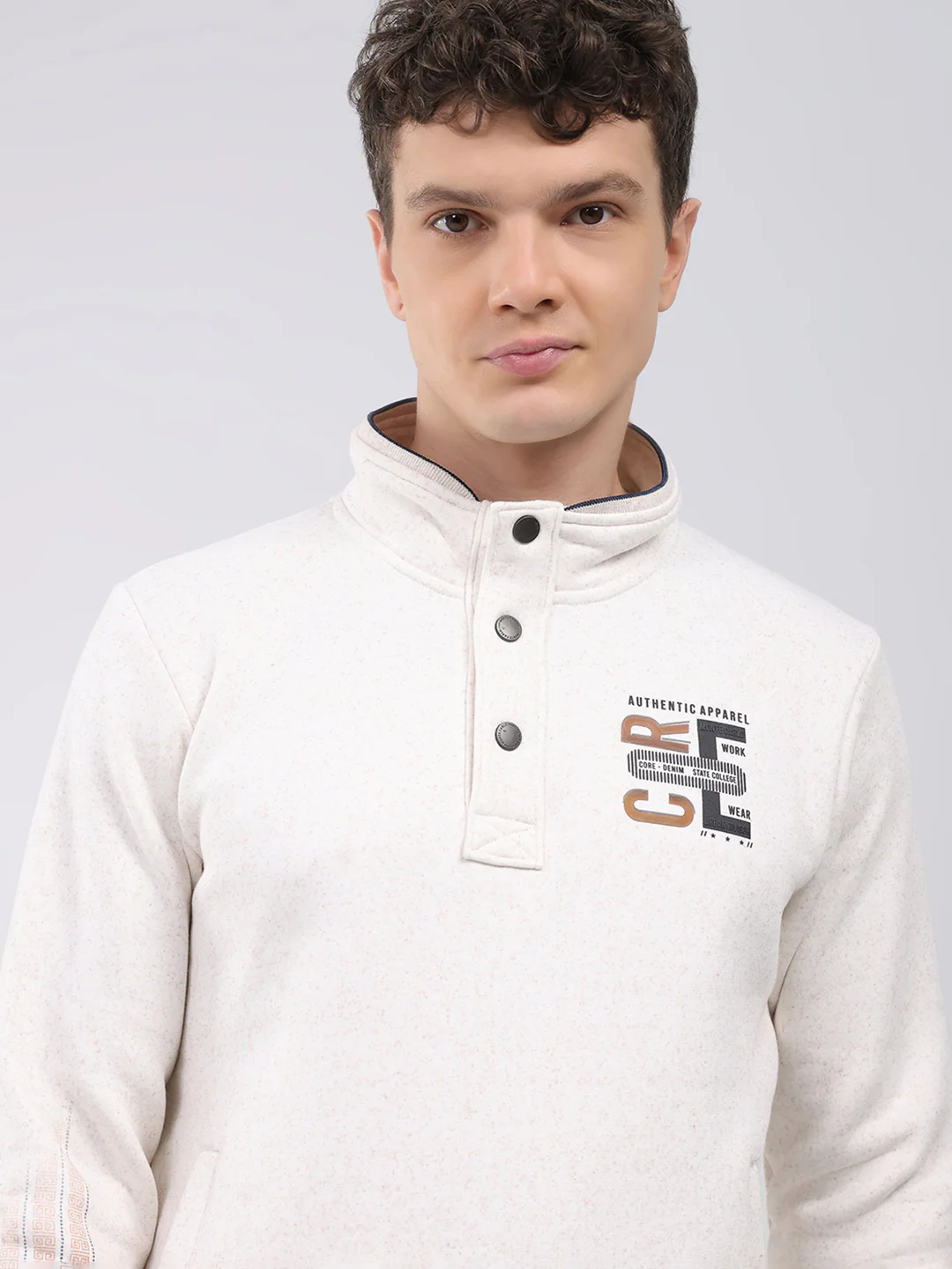 Men Off White Printed Mock Neck Full Sleeve Sweatshirt - Image 7
