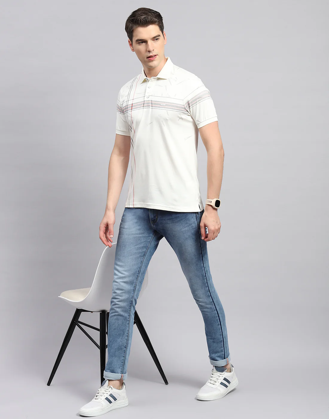 Men Off White Printed Polo Collar Half Sleeve T-Shirt - Image 2