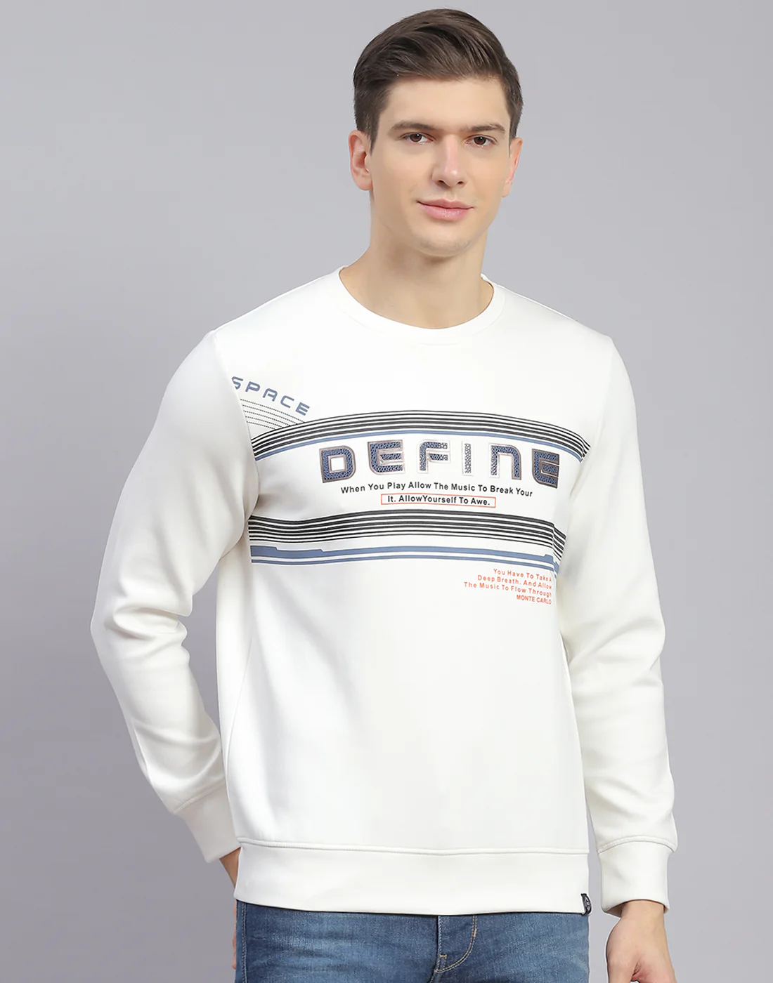 Men Off White Printed Round Neck Full Sleeve Sweatshirt - Image 3