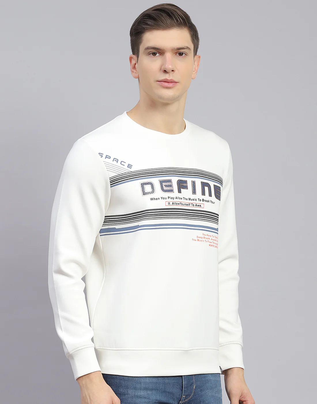 Men Off White Printed Round Neck Full Sleeve Sweatshirt - Image 6