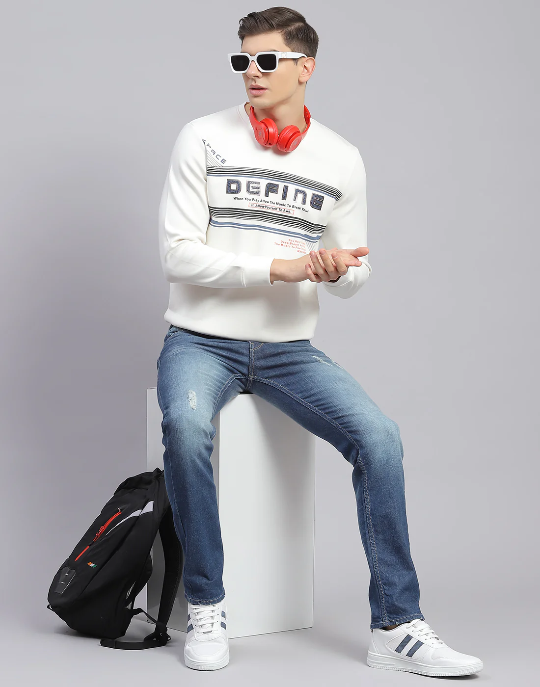 Men Off White Printed Round Neck Full Sleeve Sweatshirt - Image 7