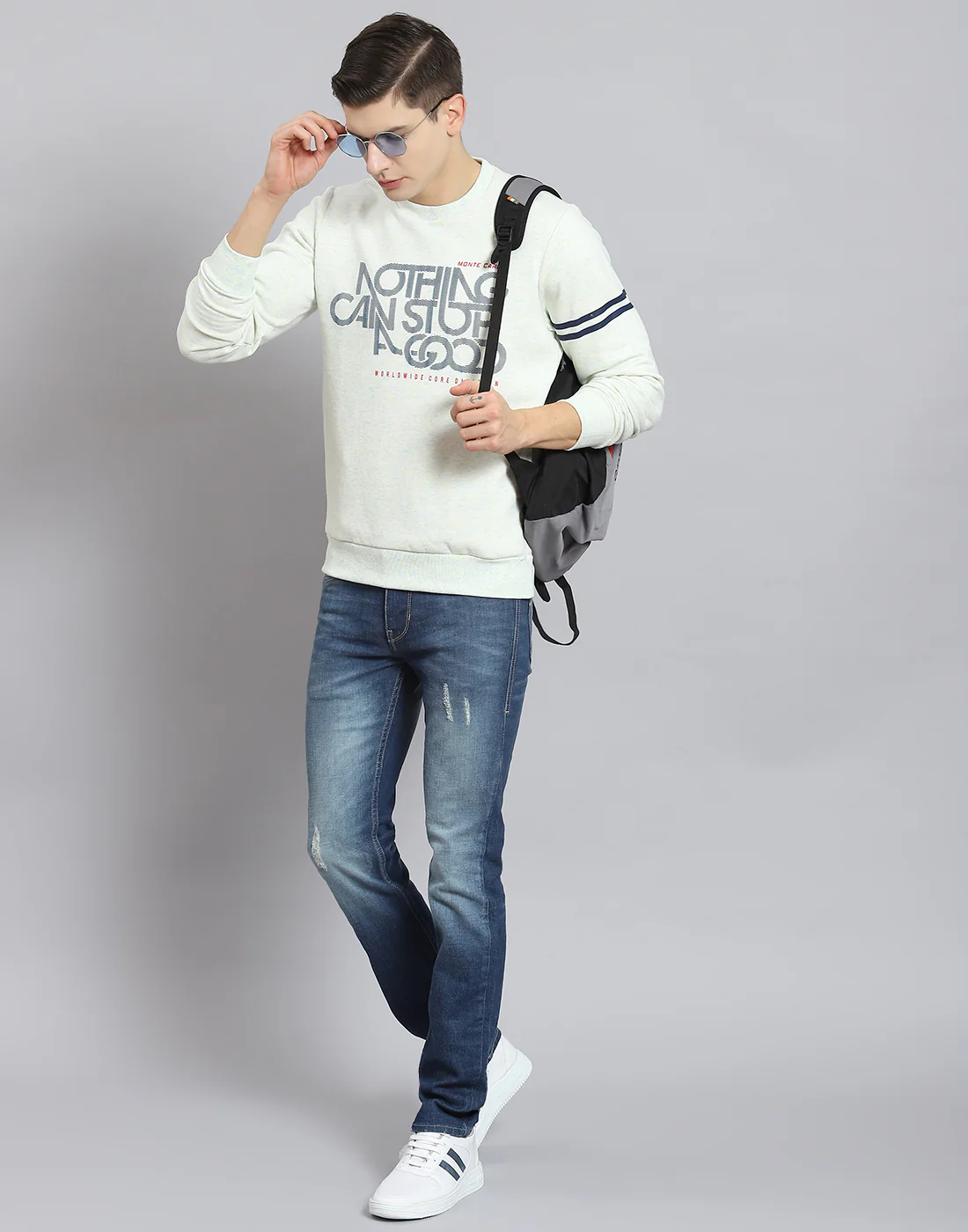 Men Off White Printed Round Neck Full Sleeve Sweatshirt - Image 2