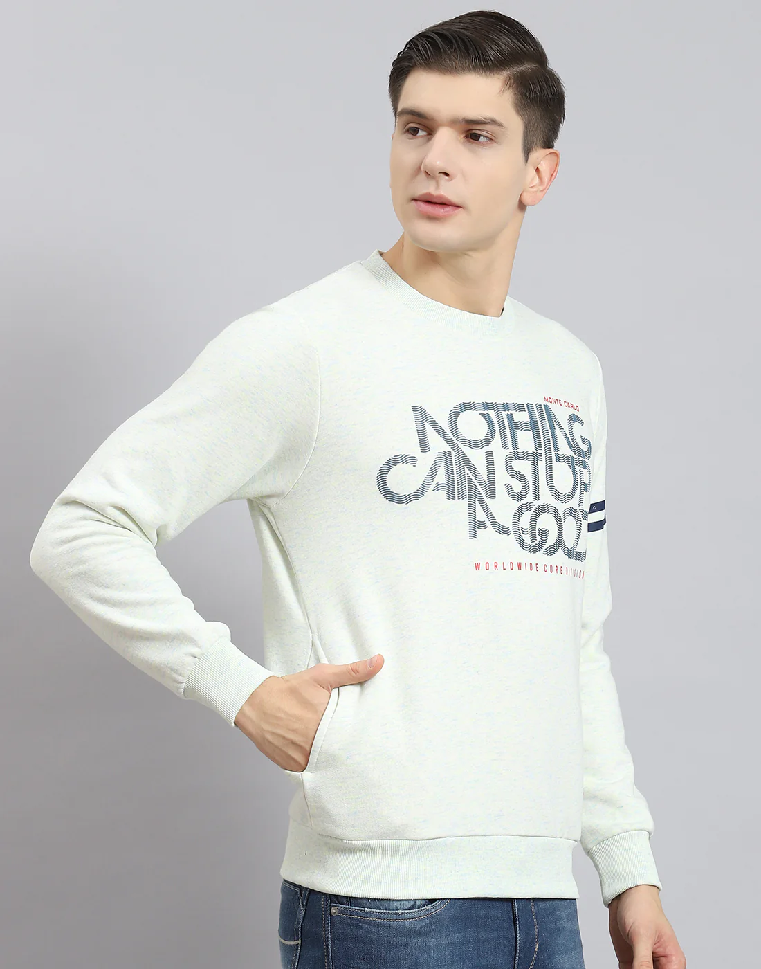 Men Off White Printed Round Neck Full Sleeve Sweatshirt - Image 5