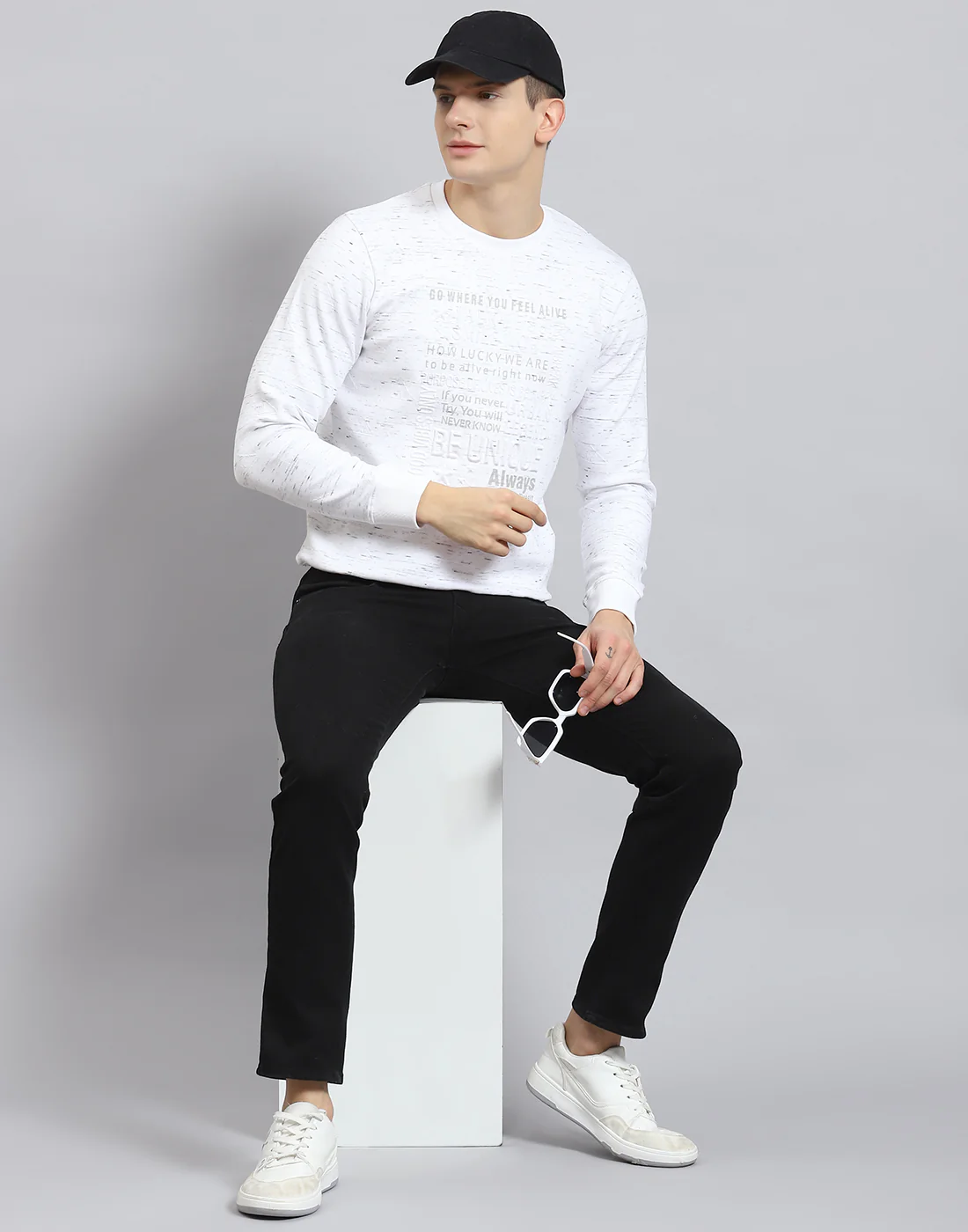Men Off White Printed Round Neck Full Sleeve Sweatshirt - Image 2