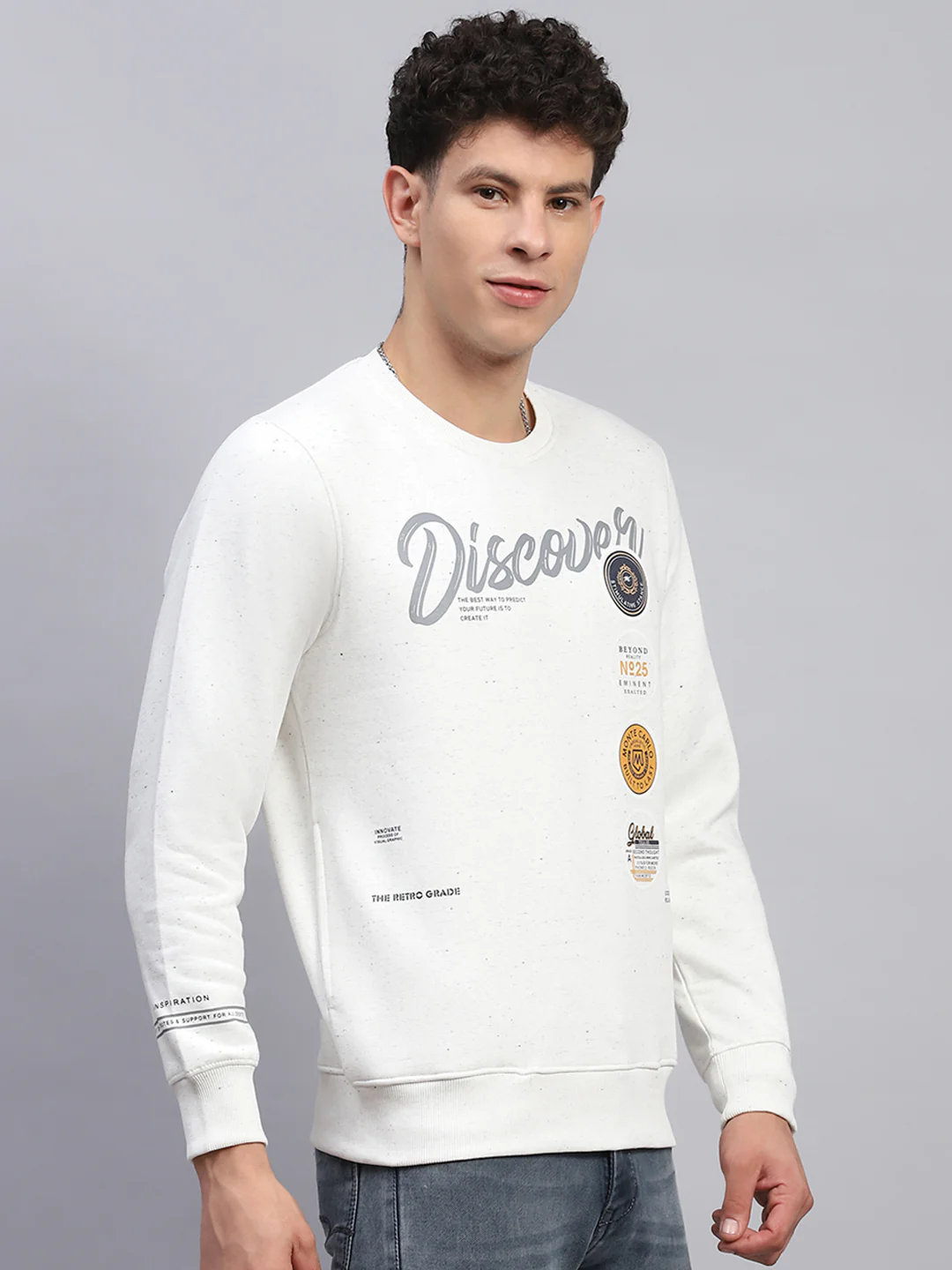 Men Off White Printed Round Neck Full Sleeve Sweatshirt - Image 3