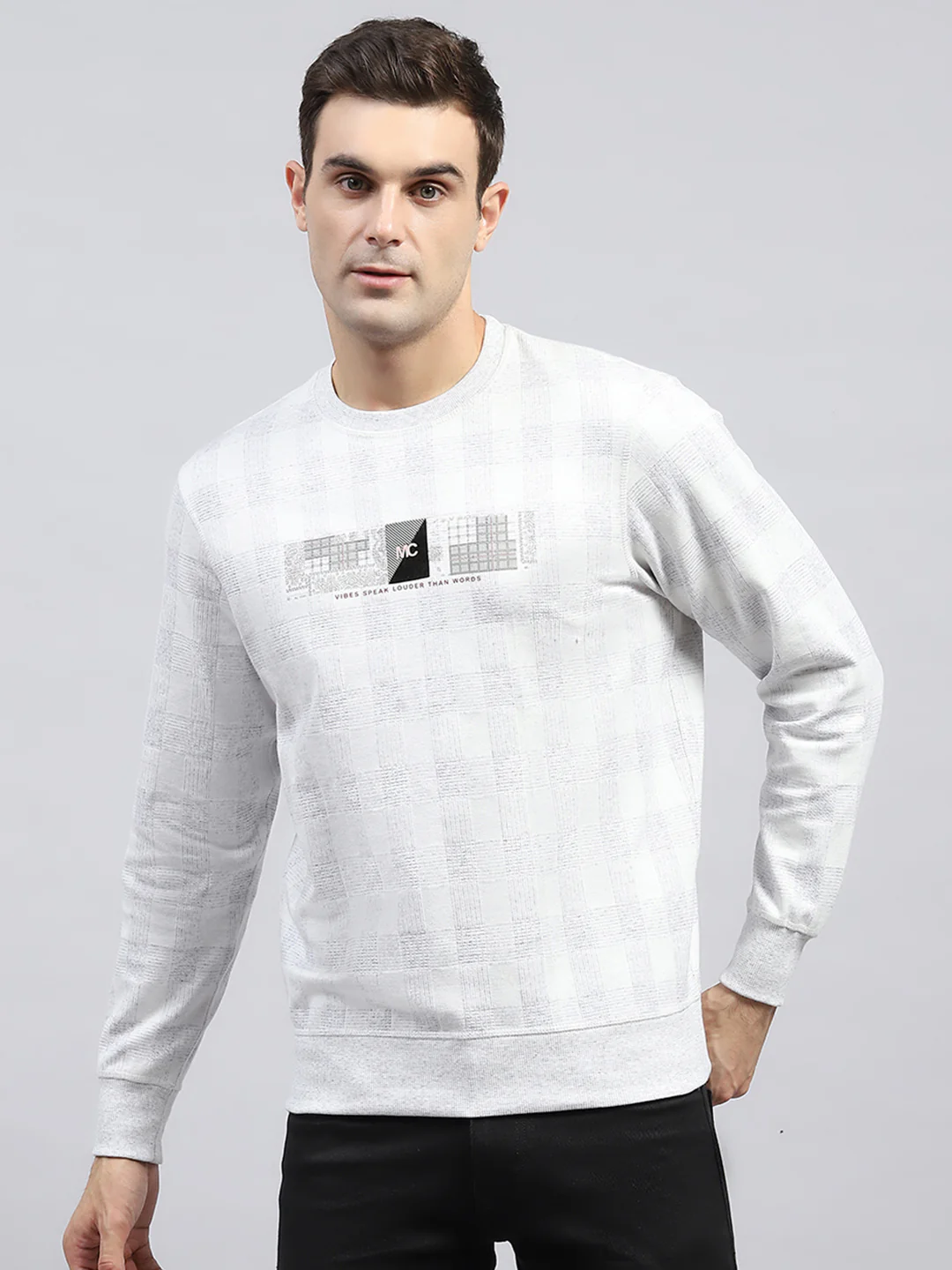 Men Off White Printed Round Neck Full Sleeve Winter T-Shirt - Image 3