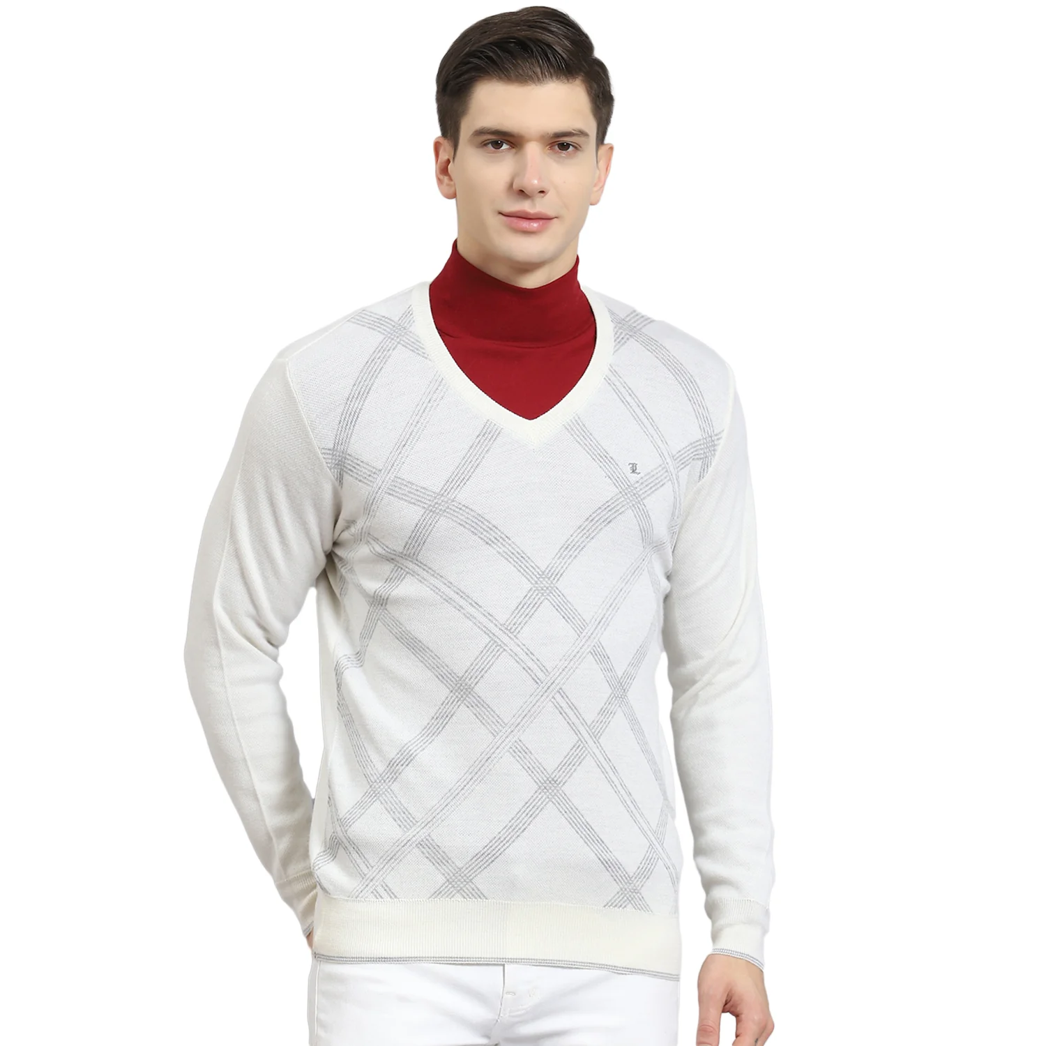 Men Off White Printed V Neck Full Sleeve Sweater - Image 5