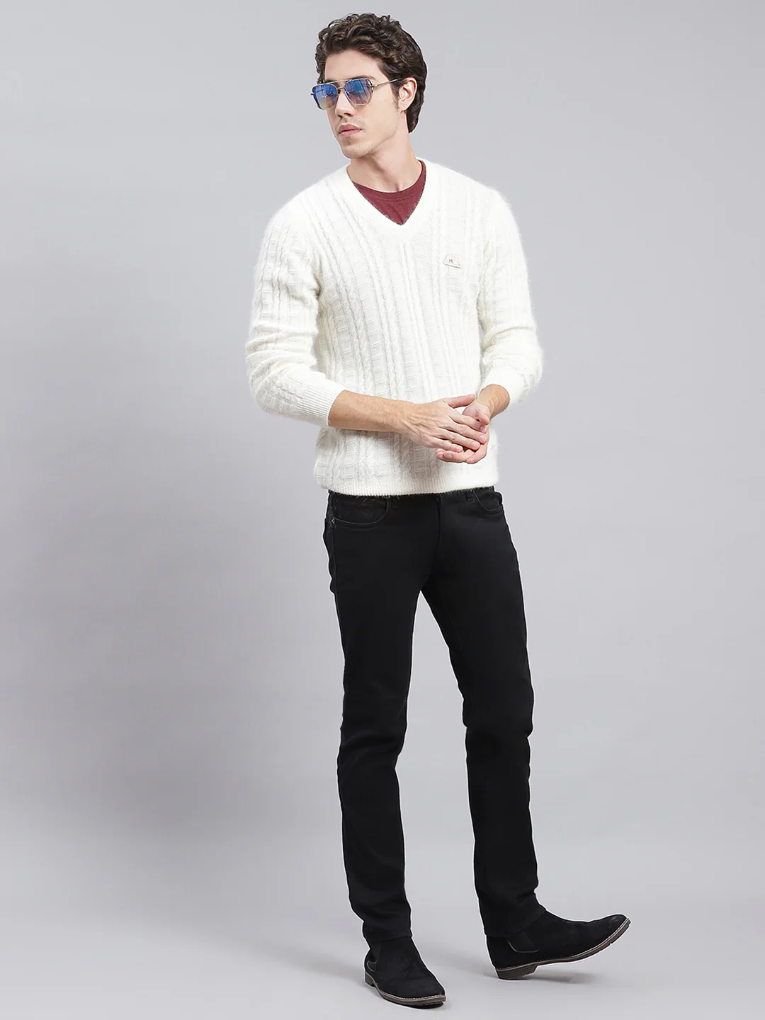 Men Off White Self Design Angoora Pullover - Image 5
