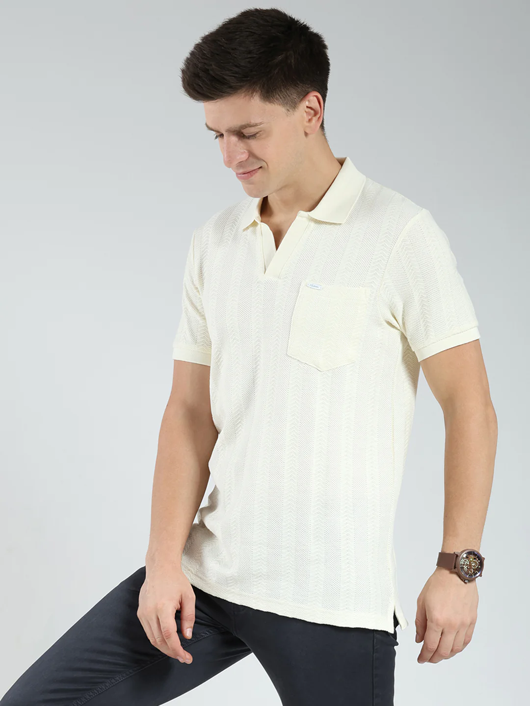 Men Off White Self Design Collar Half Sleeve T-Shirt - Image 6