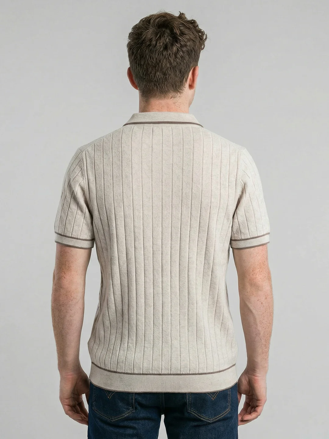 Men Off White Self Design Collar Half Sleeve T-Shirt - Image 4