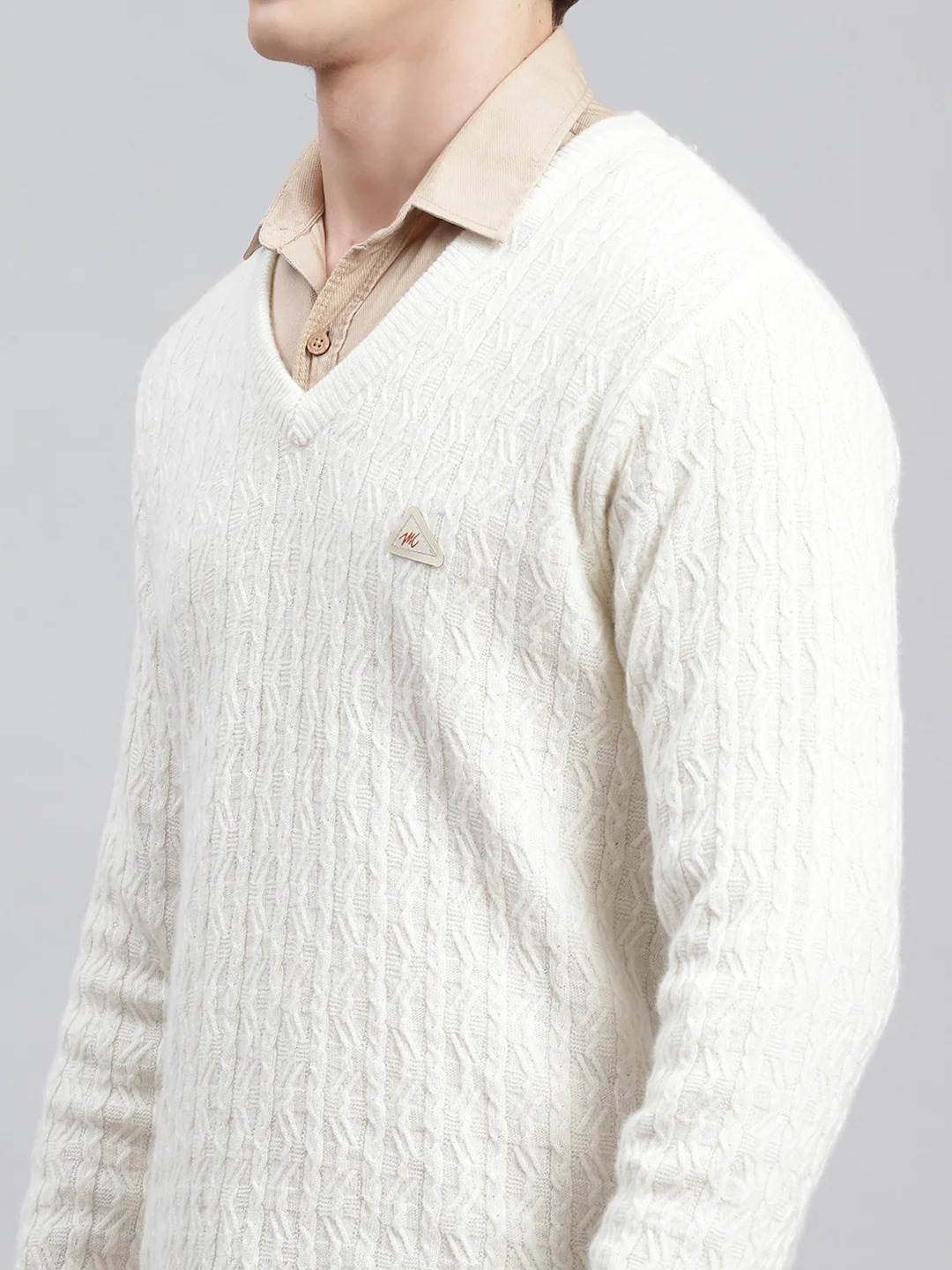 Men Off White Self Design Lamb wool Pullover - Image 6