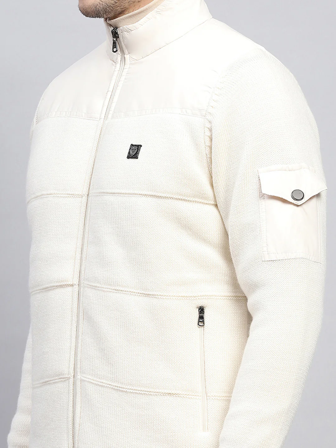Men Off White Self Design Mock Neck Full Sleeve Jacket - Image 6