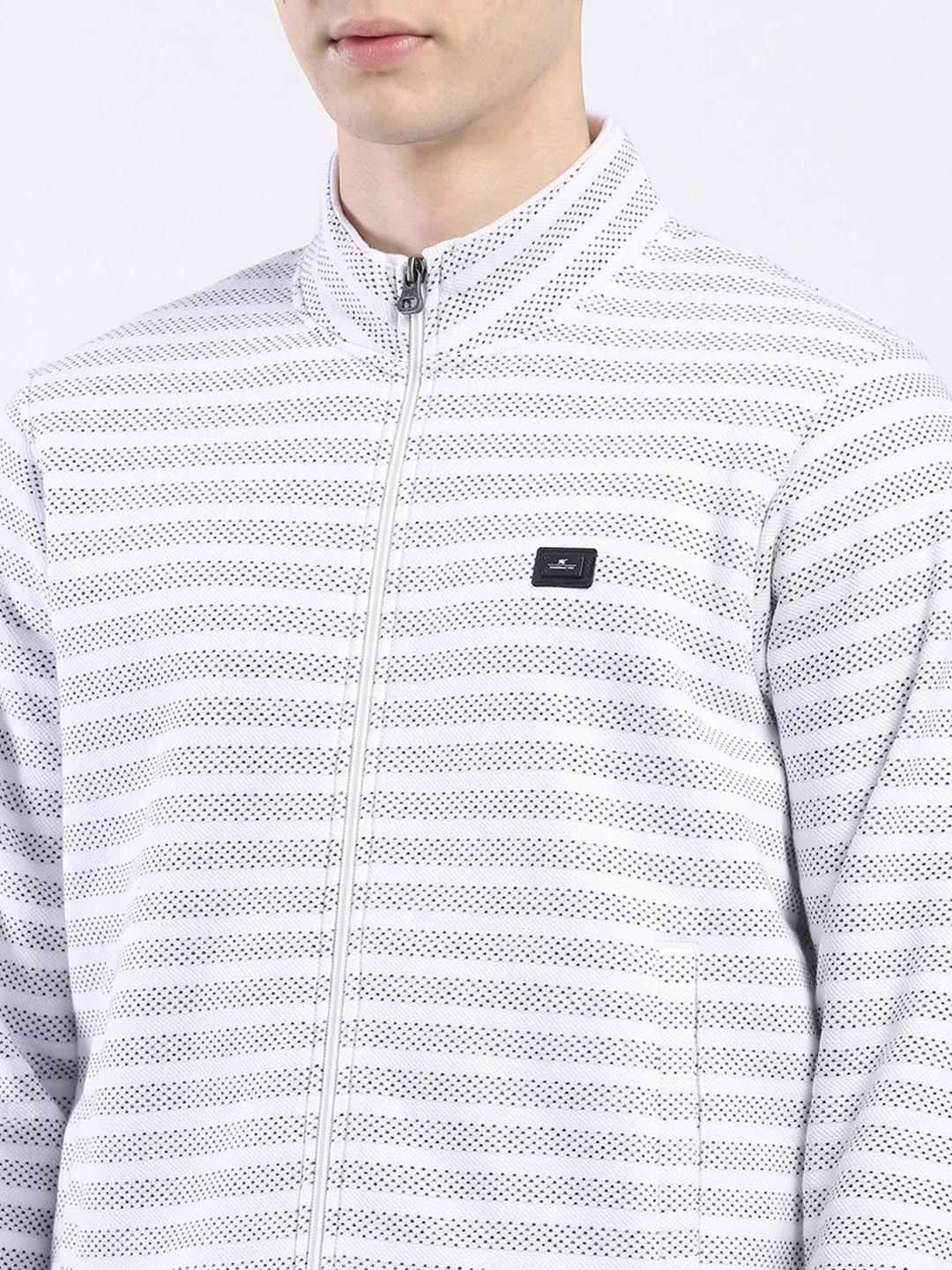 Men Off White Self Design Mock Neck Full Sleeve Sweatshirt - Image 7